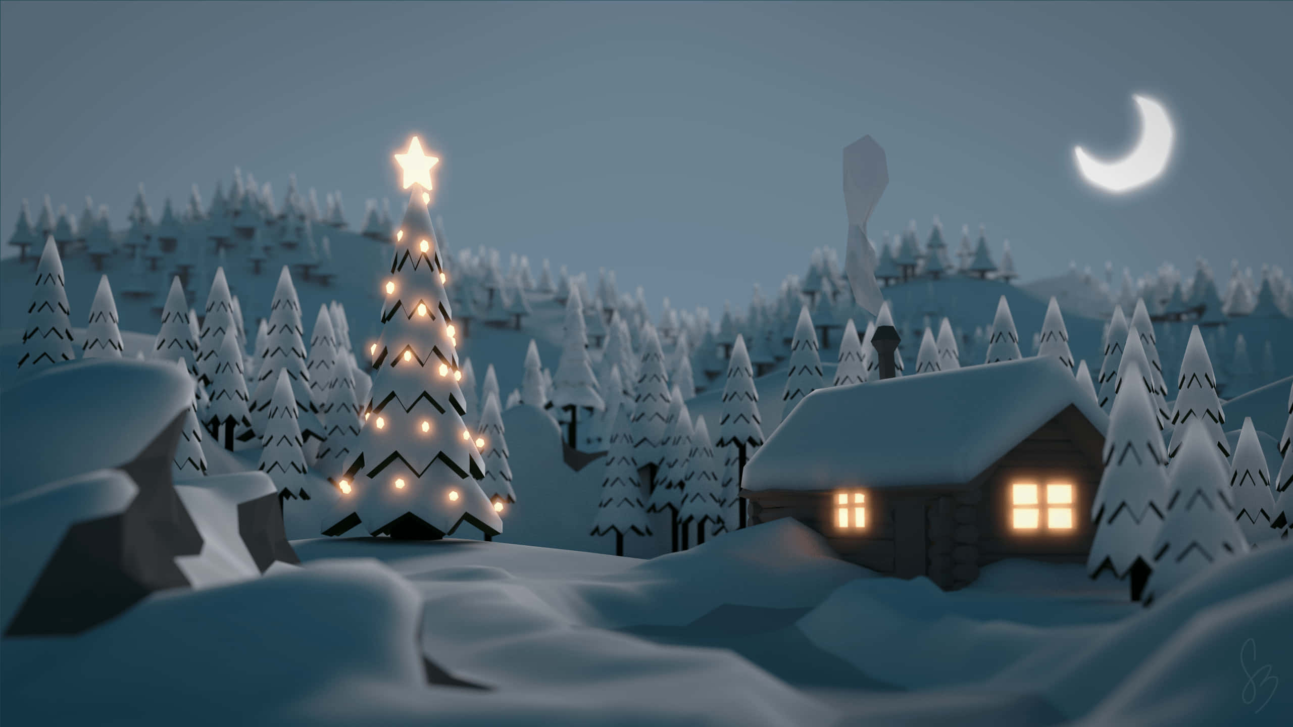 Laptop Winter, cabin, snowy woods, 2K Desktop Wallpaper