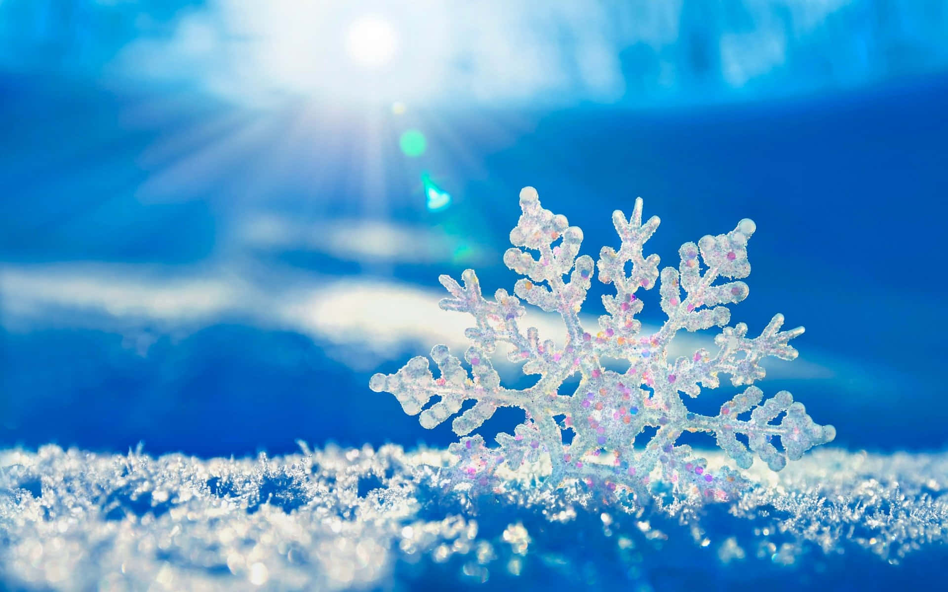 snowflake, vibrant blue, snowy backdrop, Full HD Desktop Wallpaper