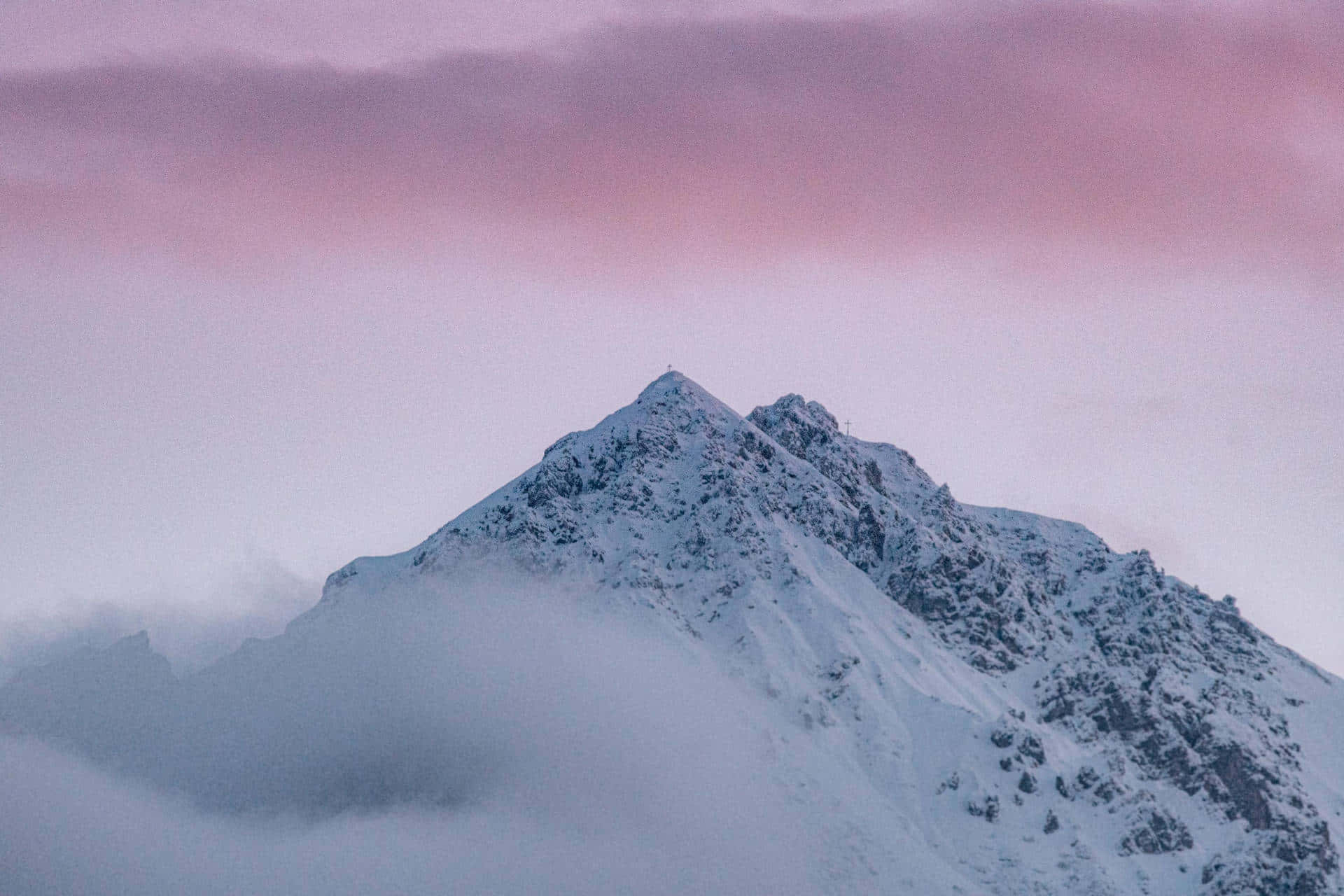 snowcapped mountain peak, mist, soft pink and lavender twilight sky, Full HD Desktop Wallpaper
