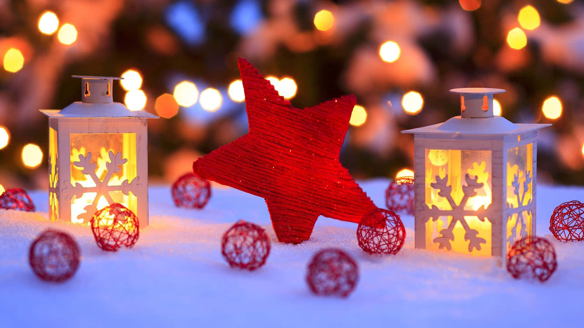 Cute Christmas Laptop, snowflakes, red star, Full HD Desktop Wallpaper