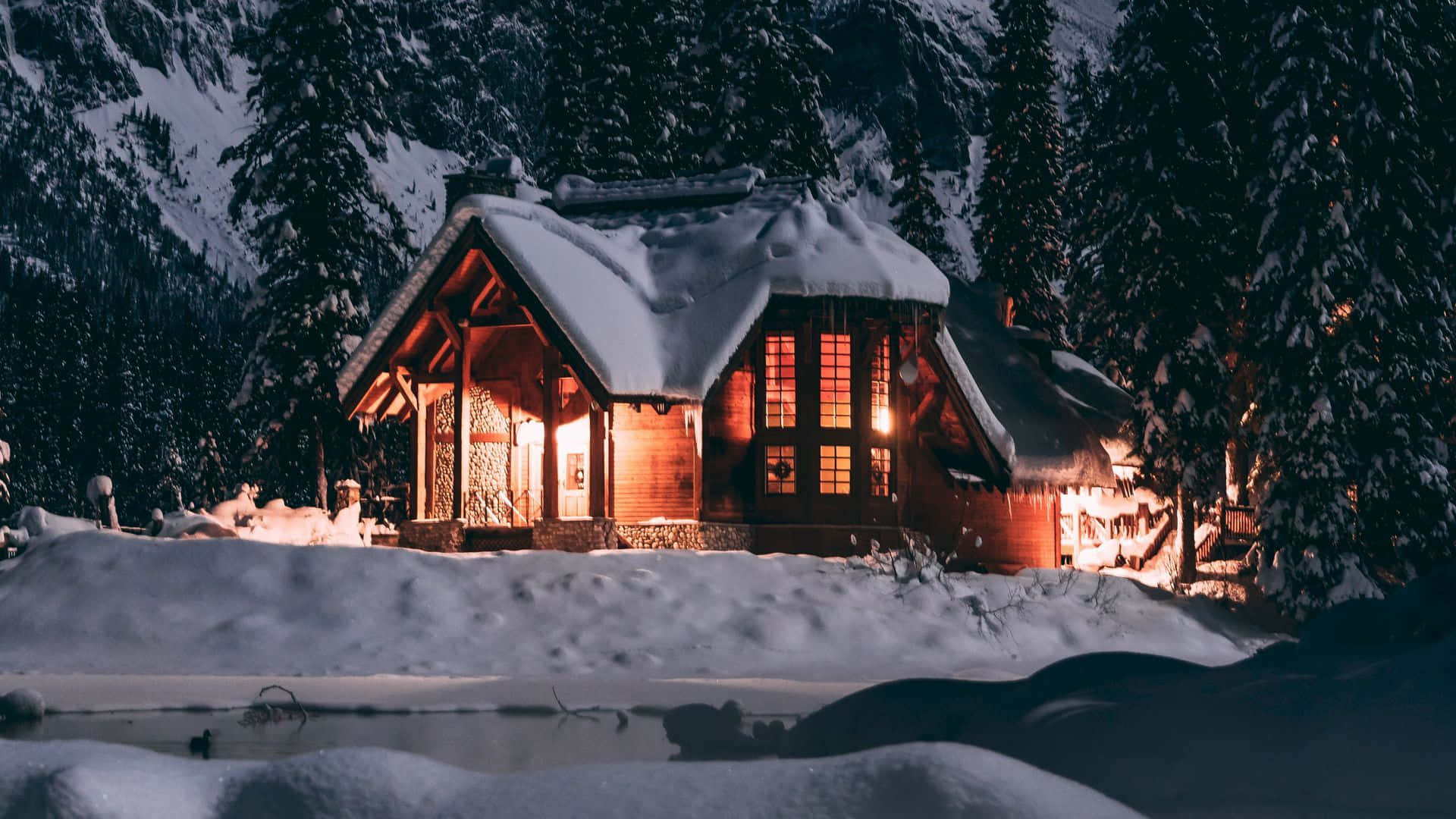 winter laptop, snow-covered wooden cabin, night, Full HD Desktop Wallpaper