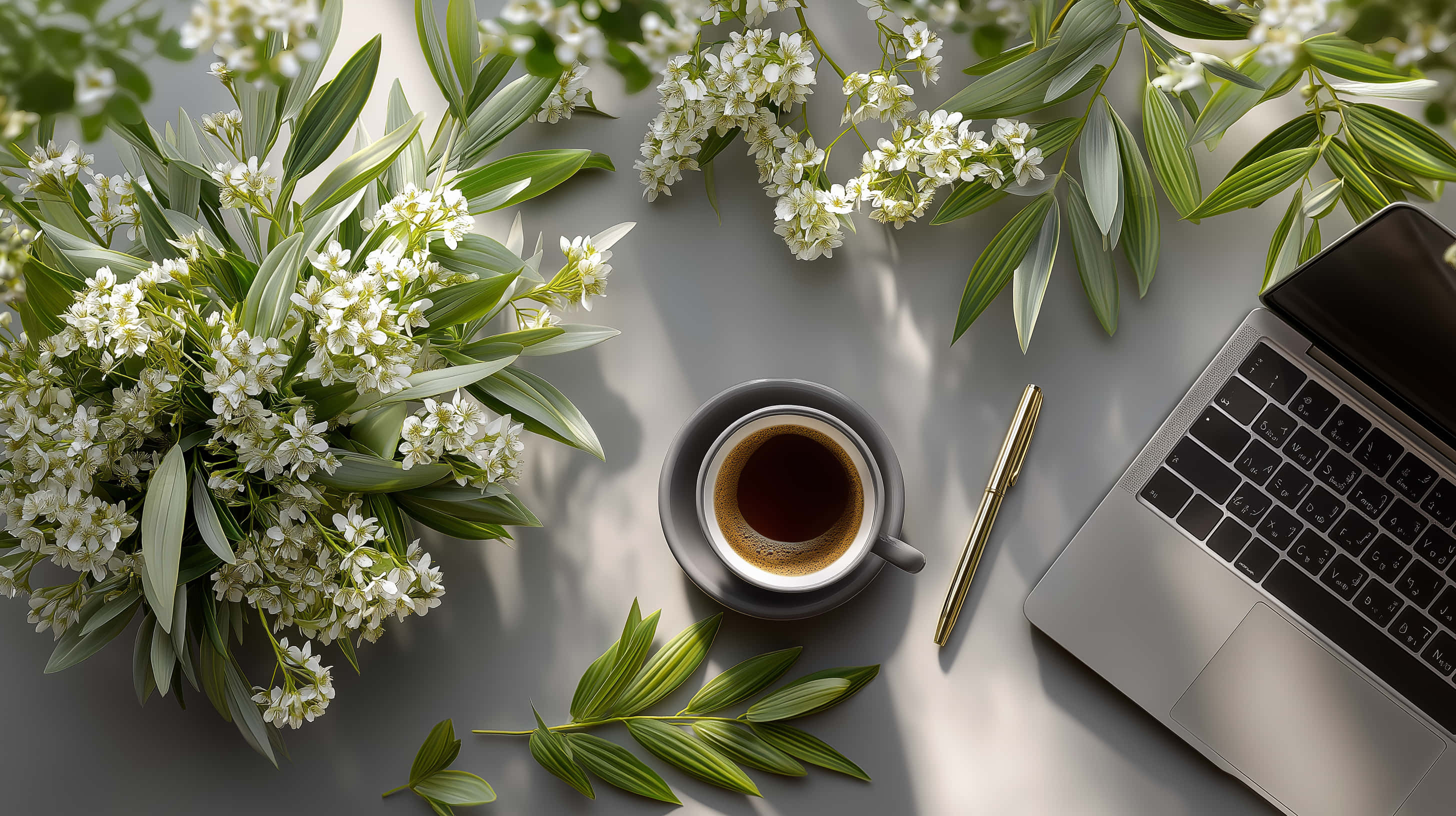 laptop, white blossoms, green leaves, 2K Desktop Wallpaper