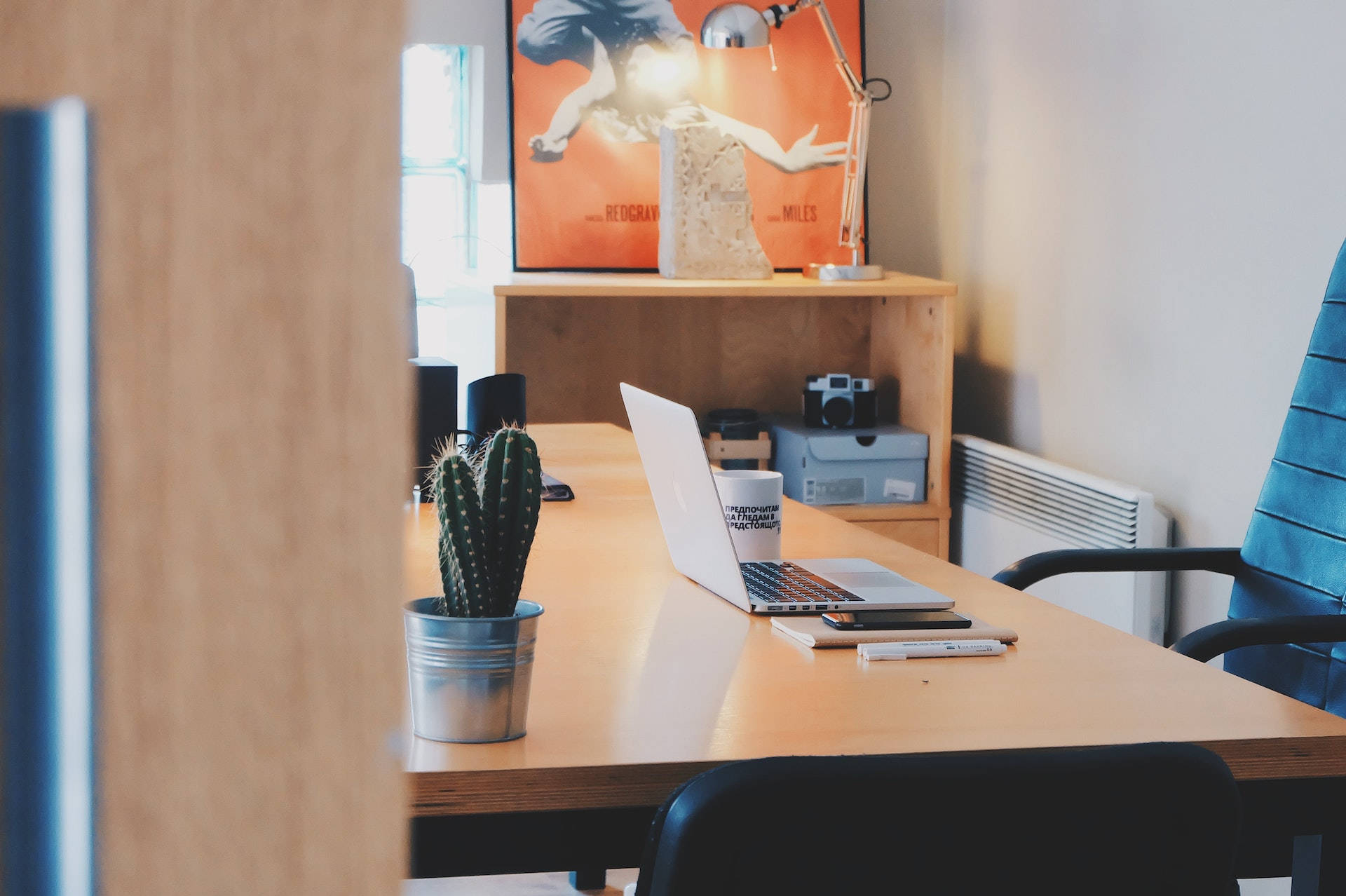 wooden desk, laptop, cactus, Full HD Desktop Wallpaper