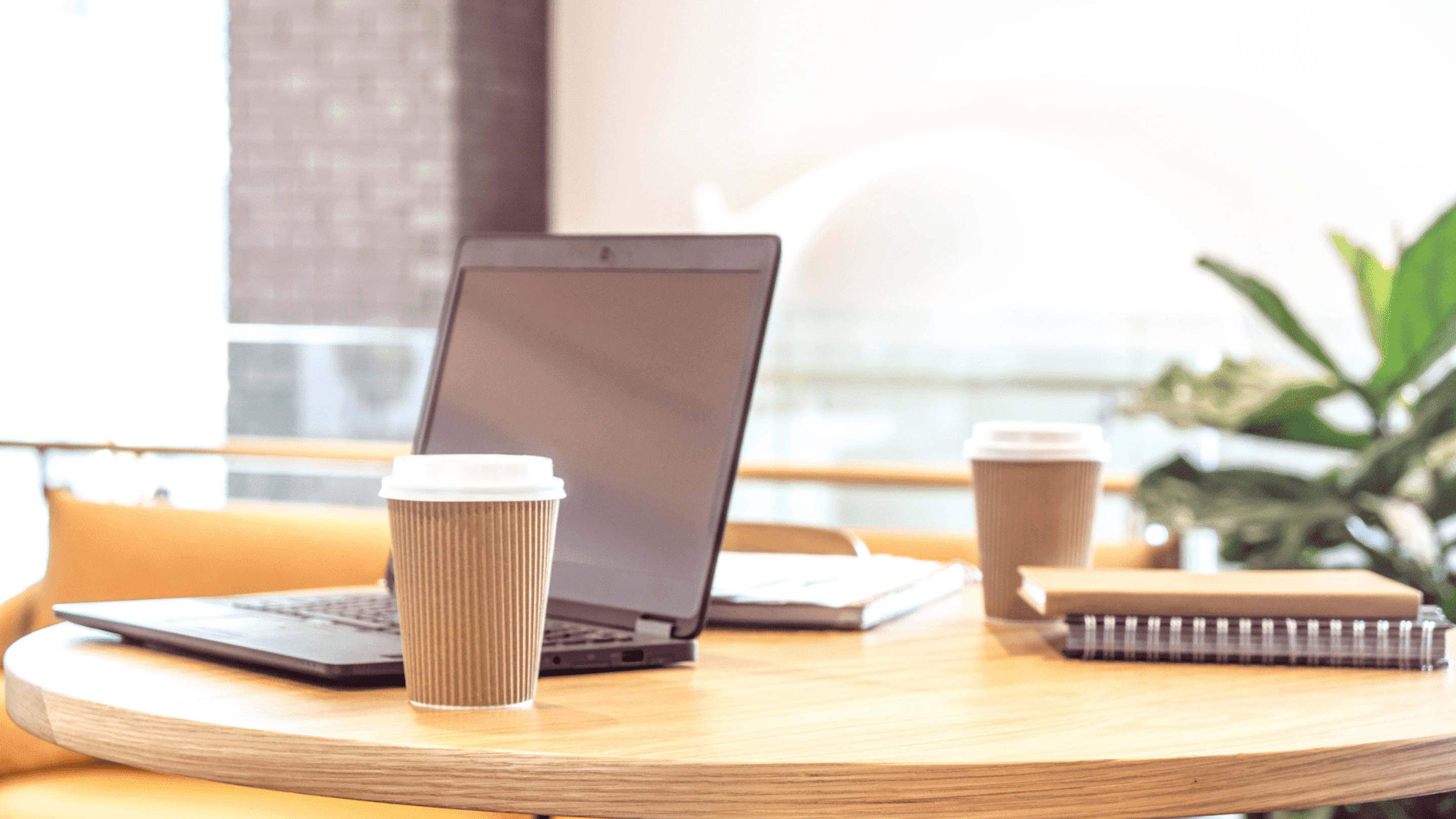 laptop, coffee cup, notebook, 2K Desktop Wallpaper
