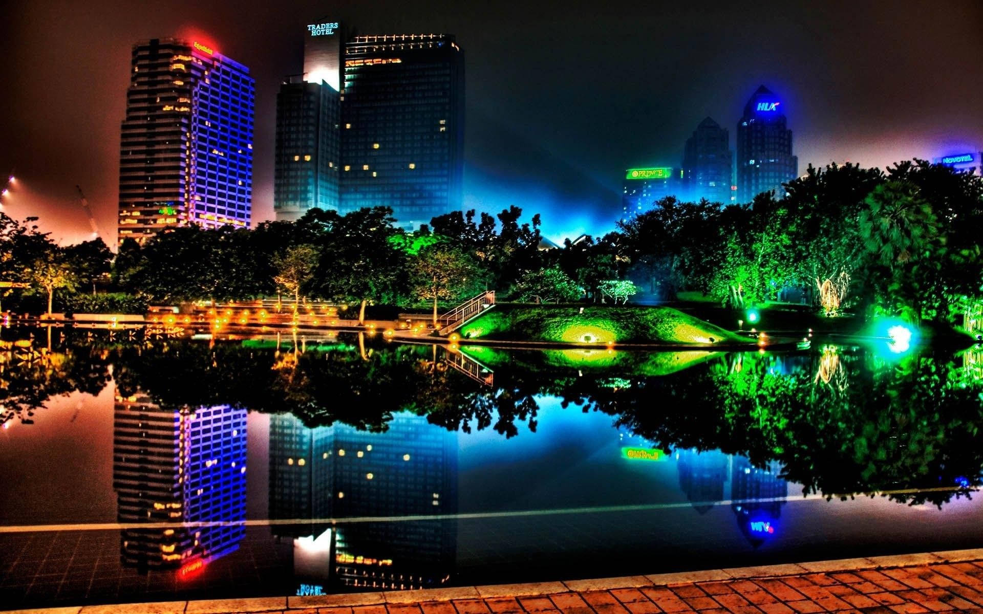 City Park Night, nighttime cityscape, illuminated skyscrapers, Full HD Desktop Wallpaper