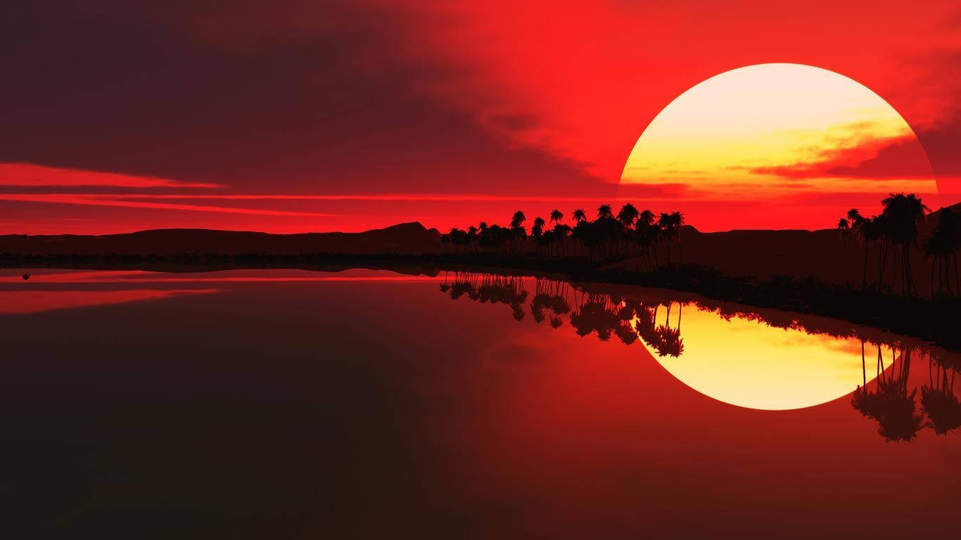 red ocean sunset, fiery red sunset, calm water, HD Desktop Wallpaper