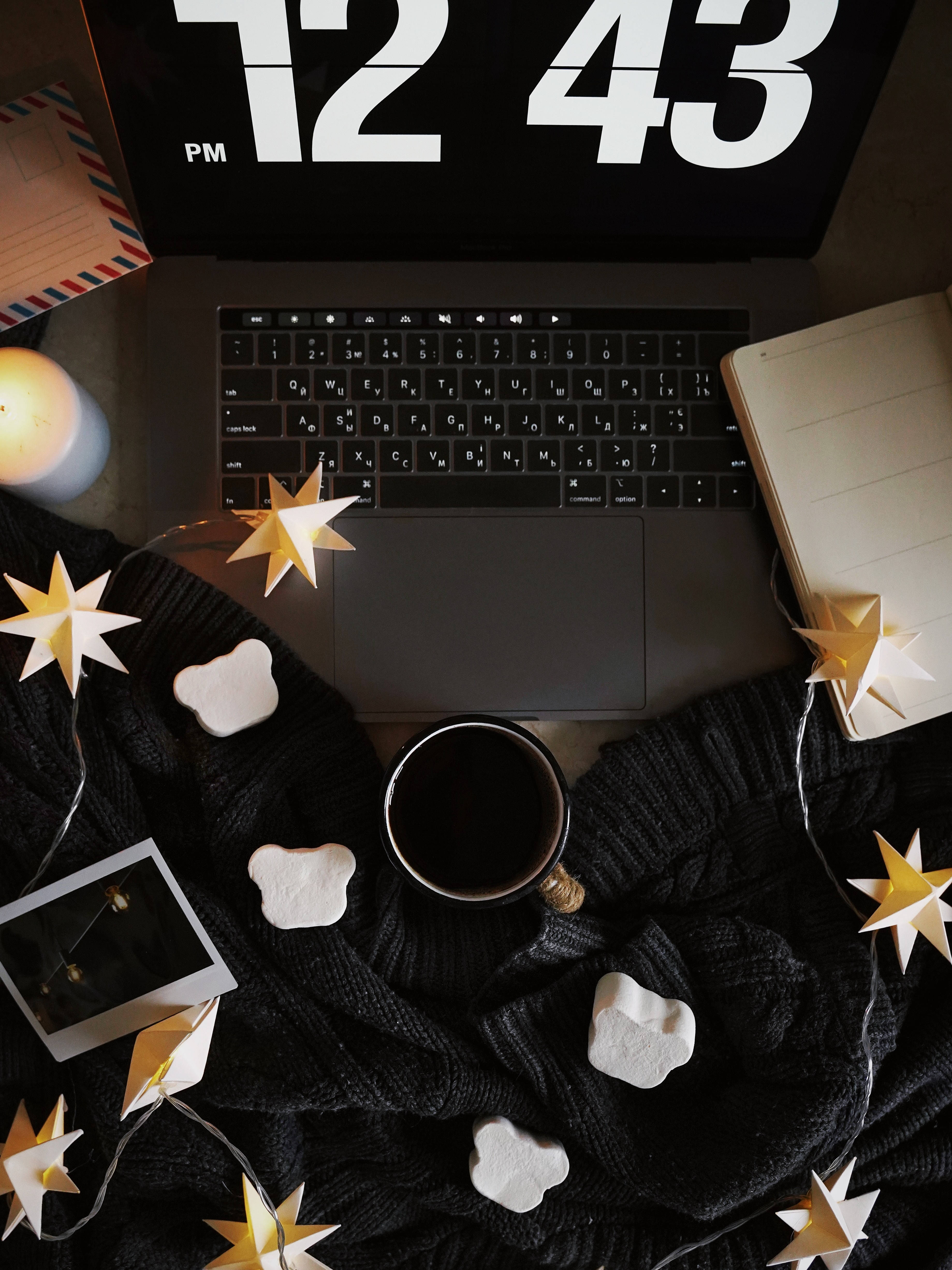 laptop, 12:43 PM, star lights, 4K Phone Wallpaper