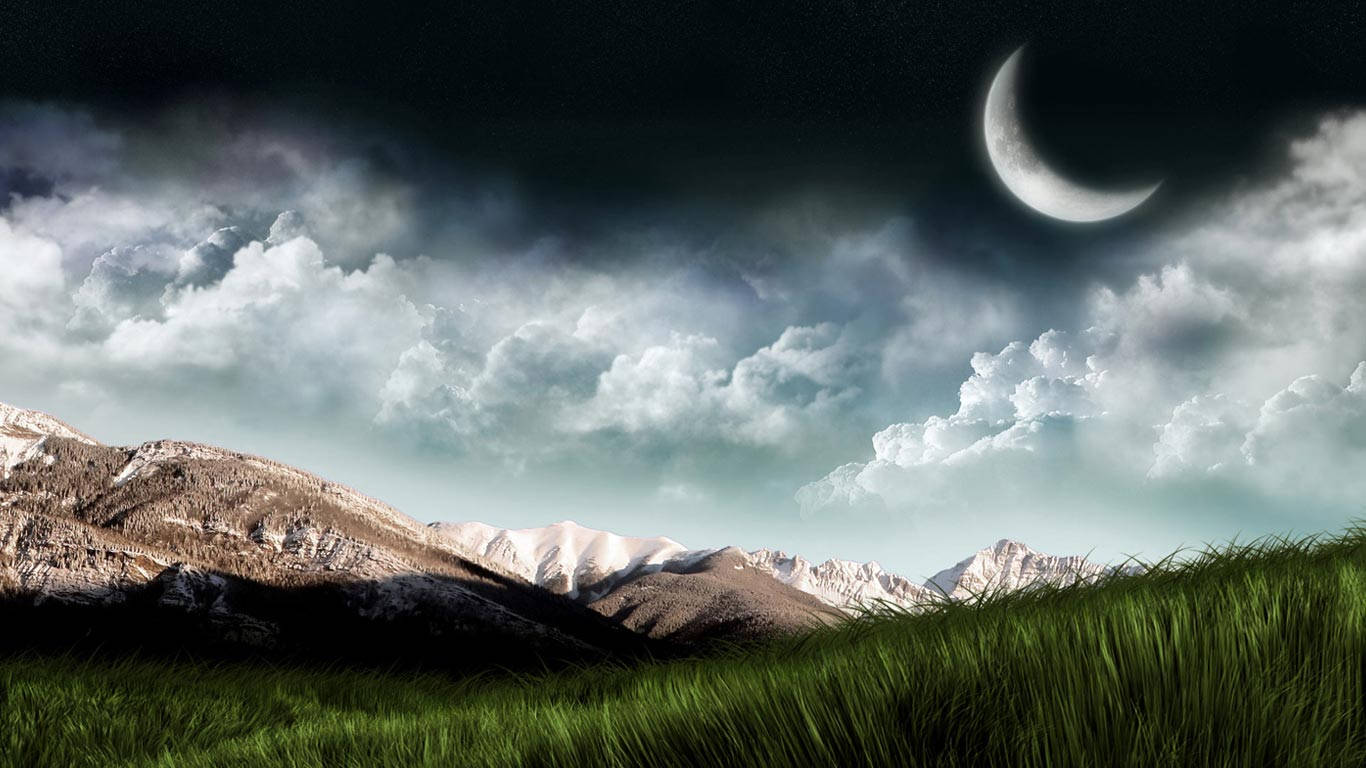 Moon Mountain Grass, crescent moon, snow capped mountains, HD Desktop Wallpaper