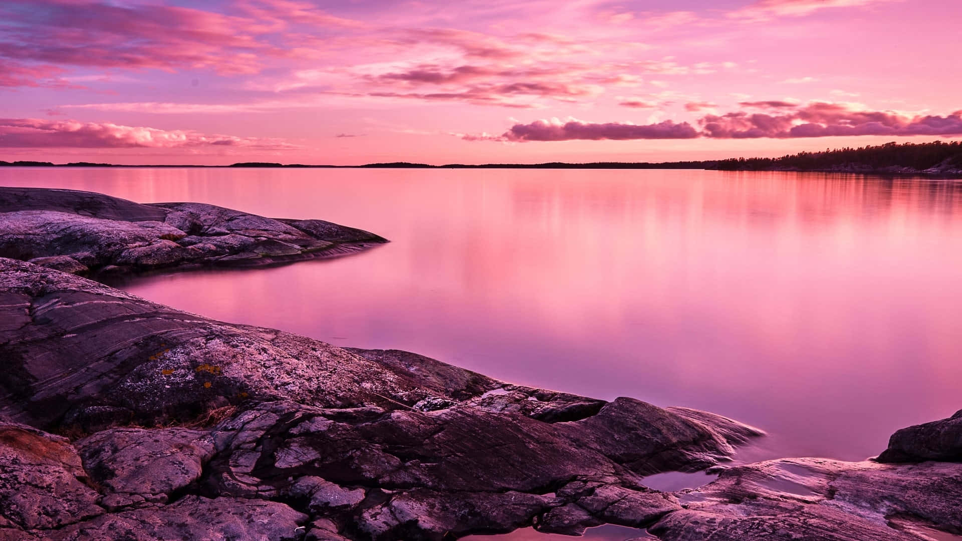 pink laptop, pink sunset, calm water, Full HD Desktop Wallpaper