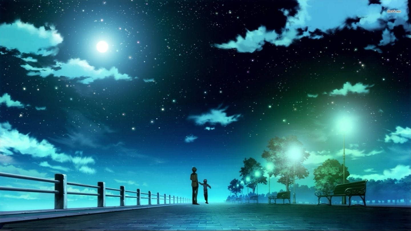 Anime Starry Night Laptop, starry teal sky, moonlit pier, HD Desktop Wallpaper