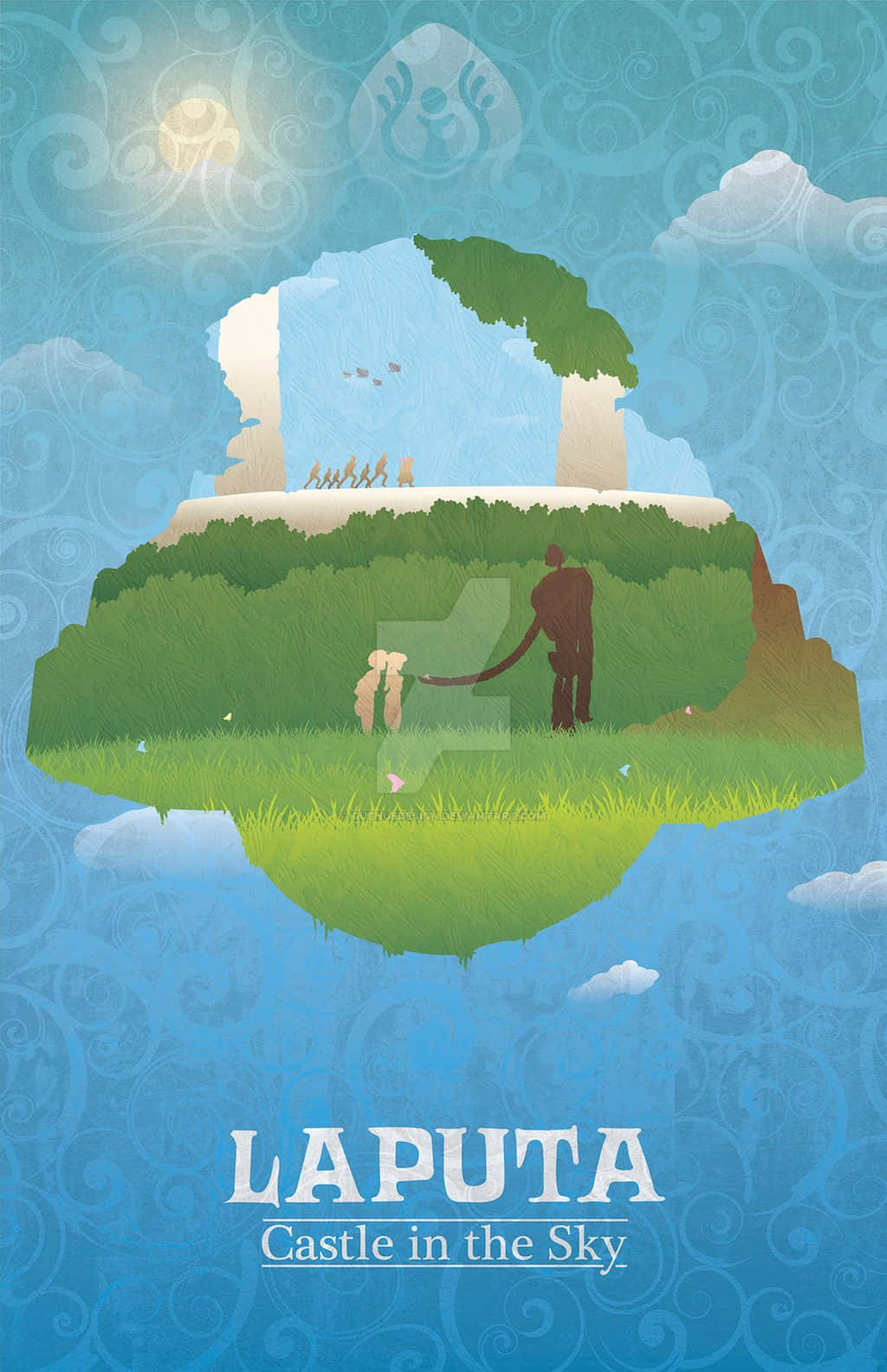 Laputa: Castle In The Sky, floating green island, lone figure and child, HD Phone Wallpaper