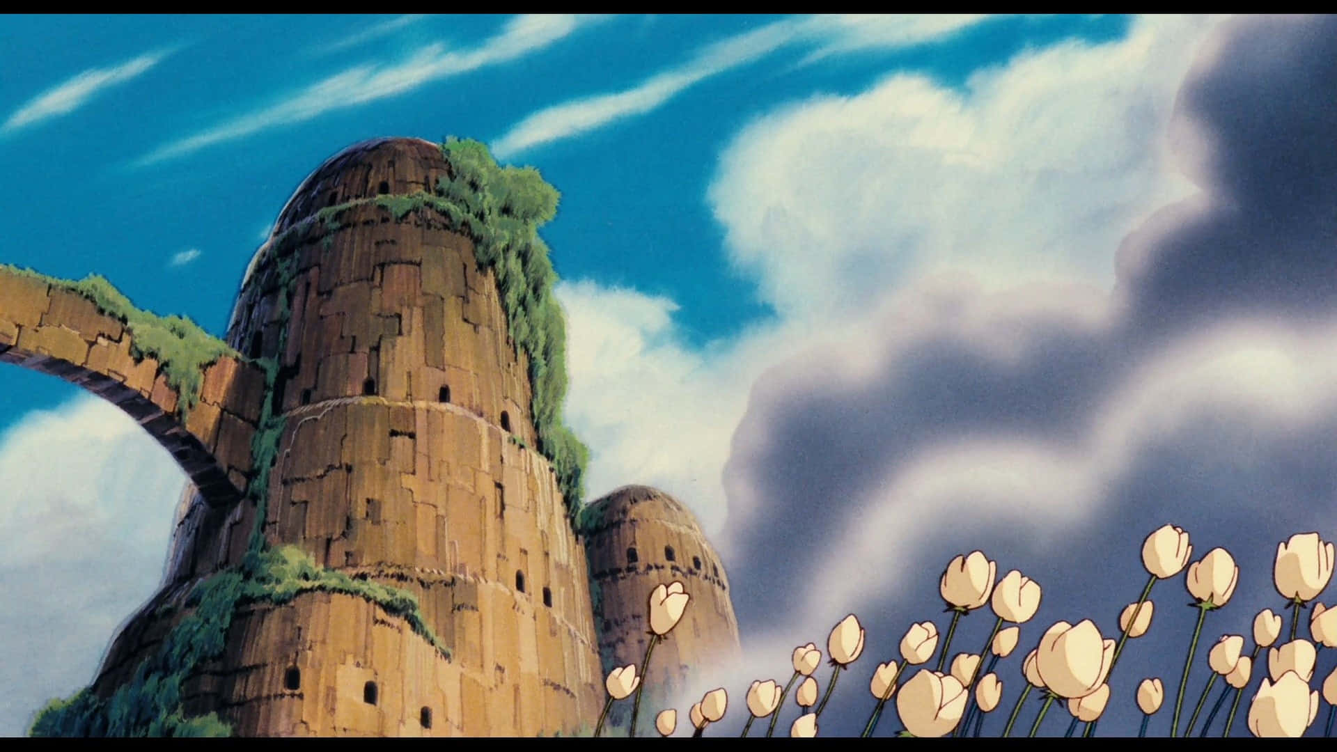 Laputa Castle In The Sky, ancient stone towers, moss, Full HD Desktop Wallpaper