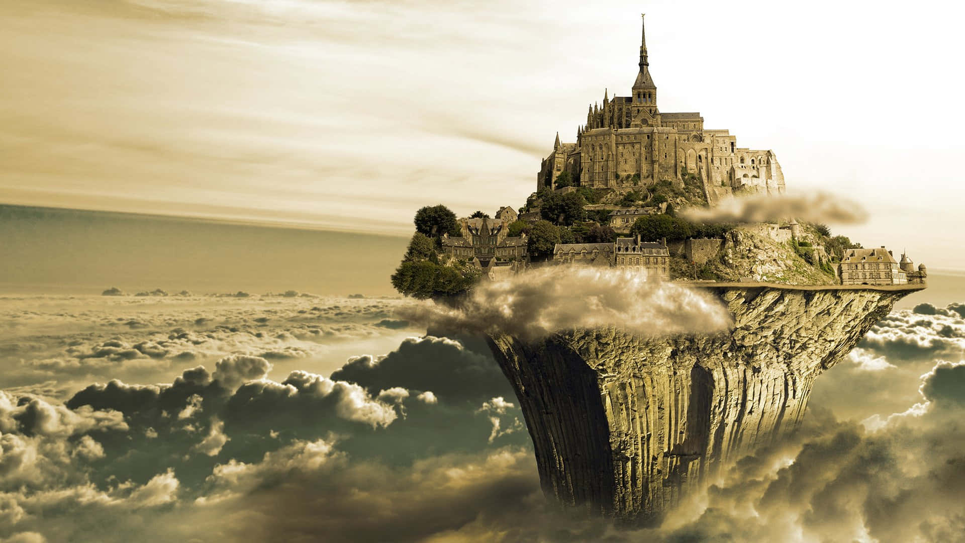 Laputa Castle in the Sky, medieval abbey, floating cliff, Full HD Desktop Wallpaper