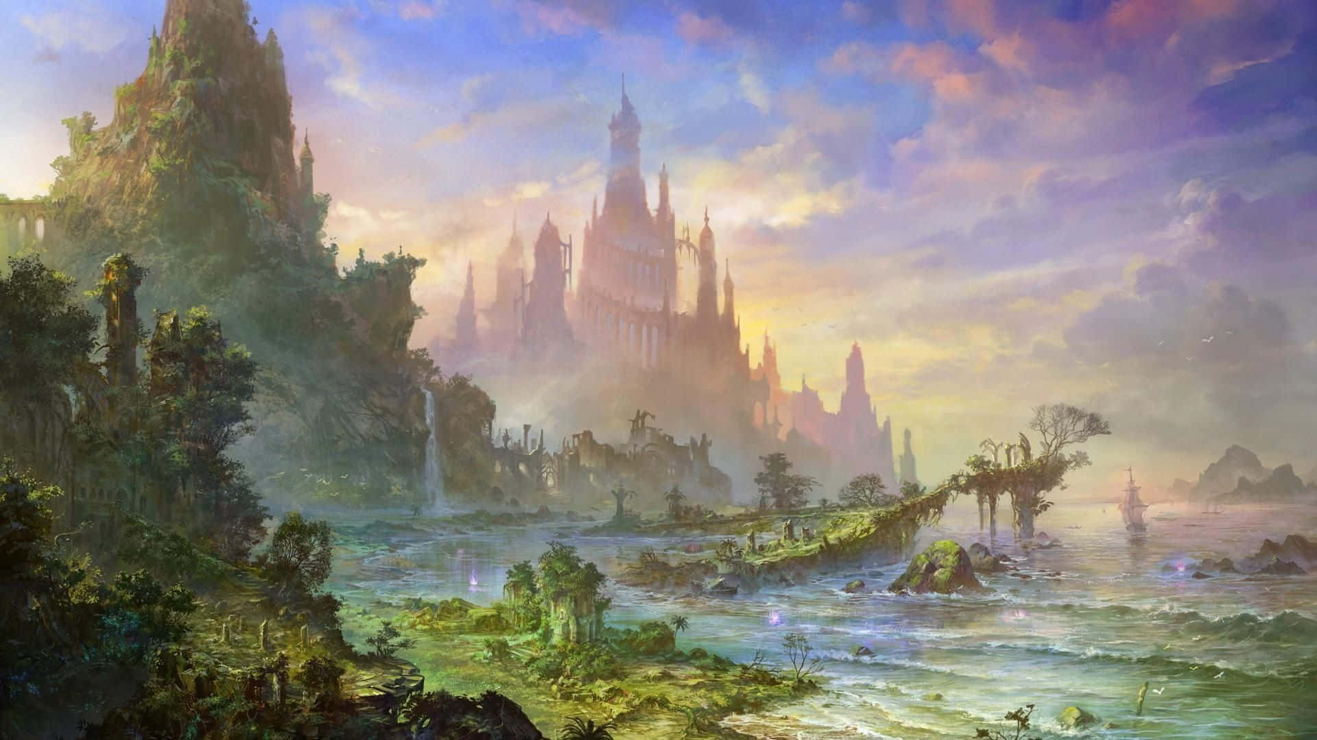 Laputa Castle In The Sky, sunset, glowing river, Full HD Desktop Wallpaper