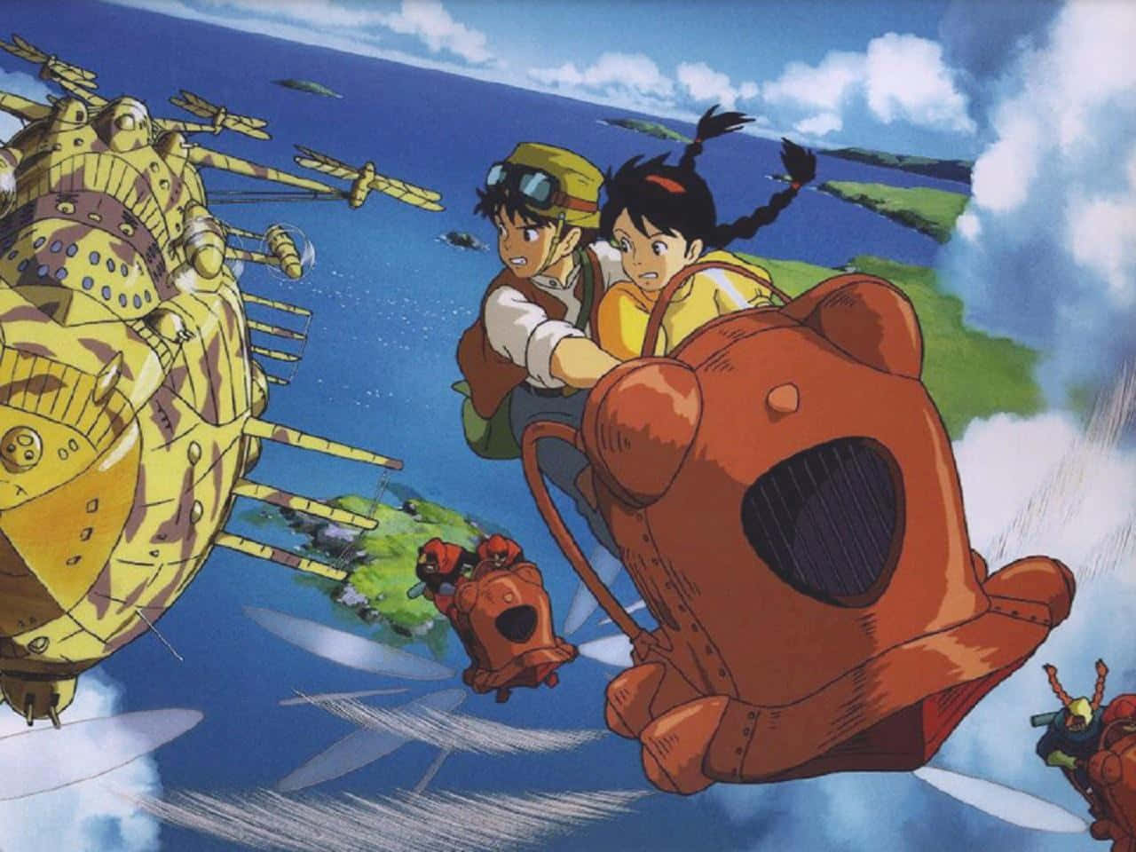 Laputa Castle In The Sky, red flying machine, giant yellow airship, HD Desktop Wallpaper