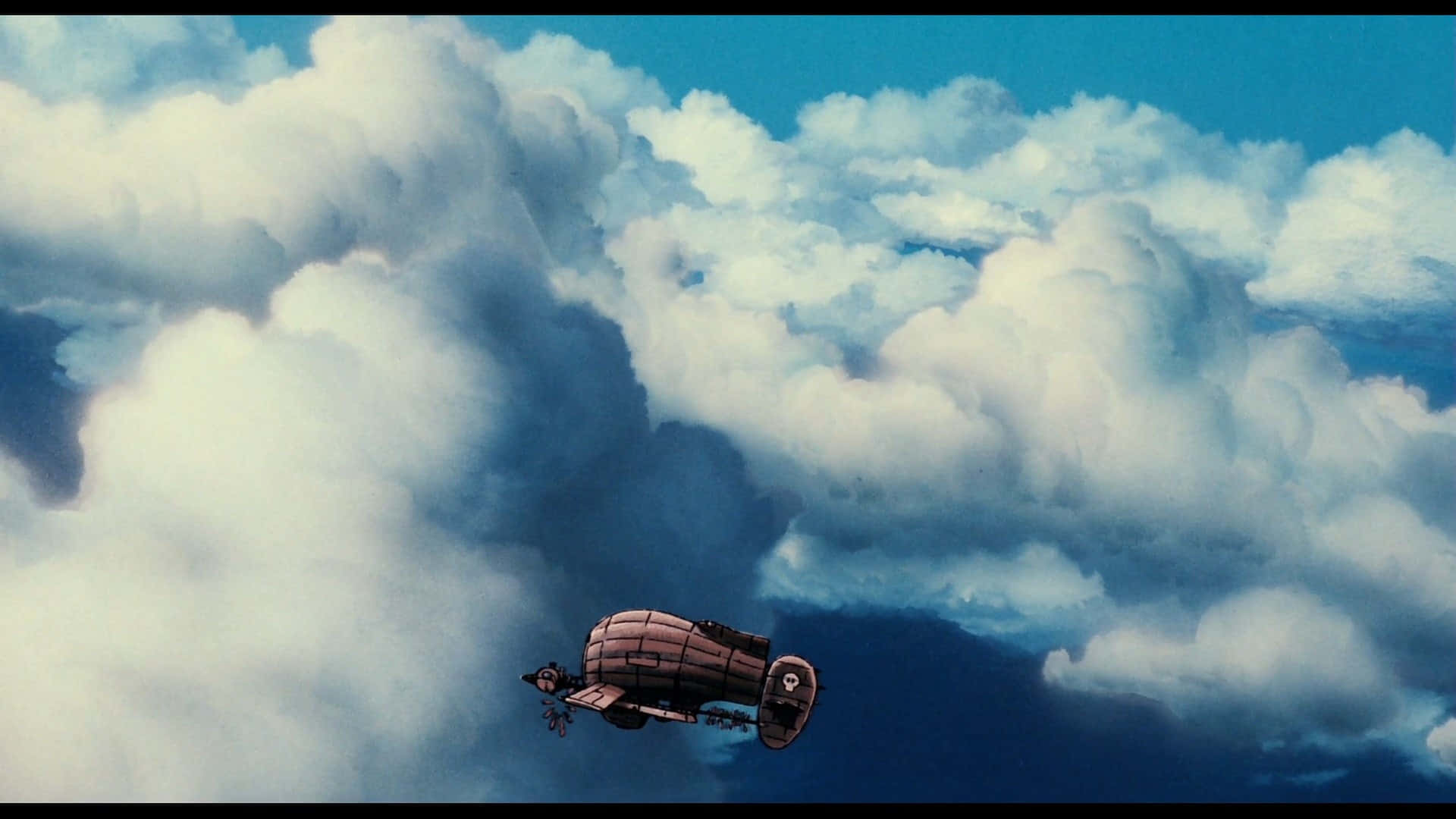 Laputa Castle in the Sky, steampunk airship, fluffy white clouds, Full HD Desktop Wallpaper