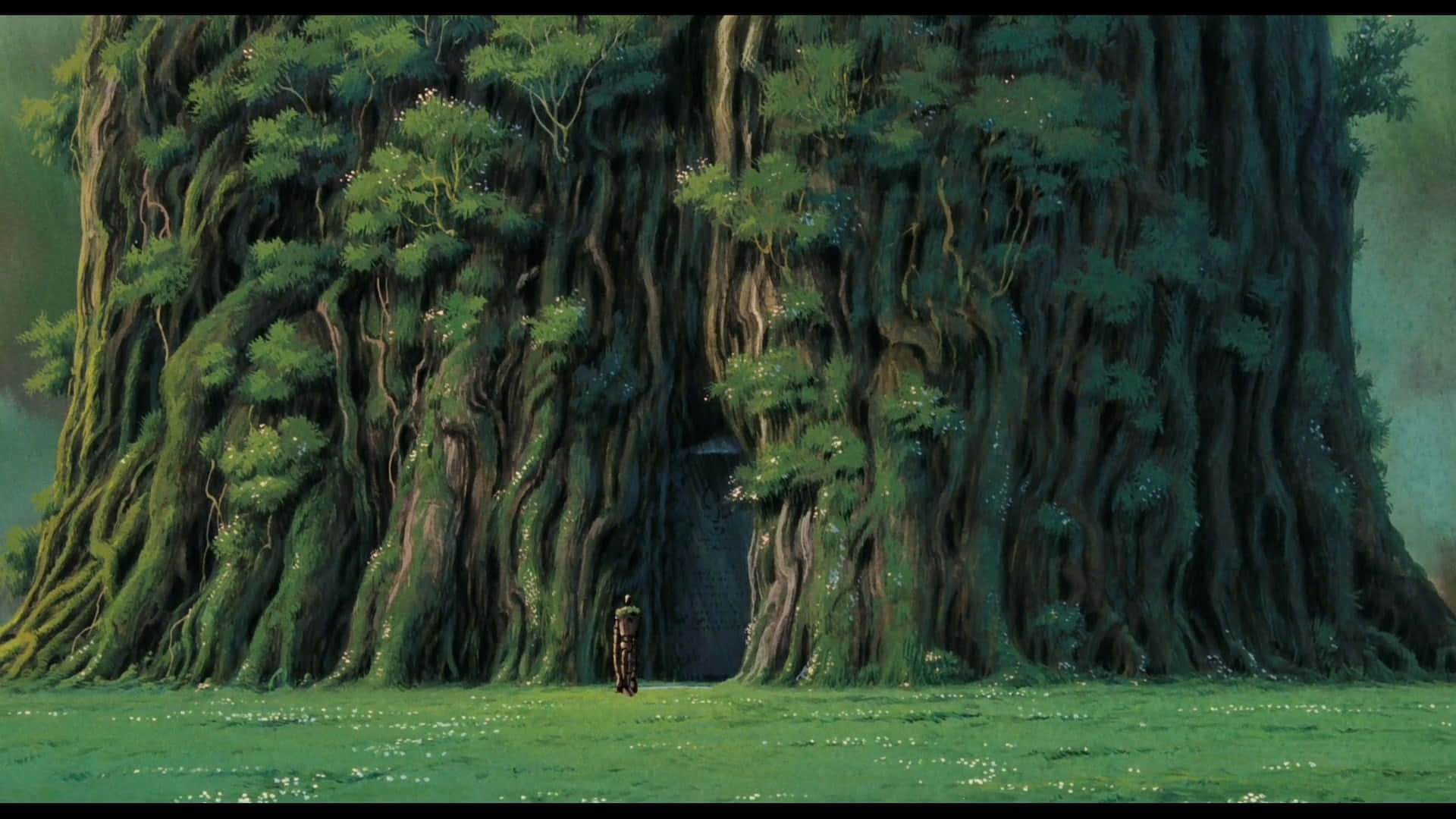 Laputa Castle In The Sky, moss-covered tree, dark archway, Full HD Desktop Wallpaper