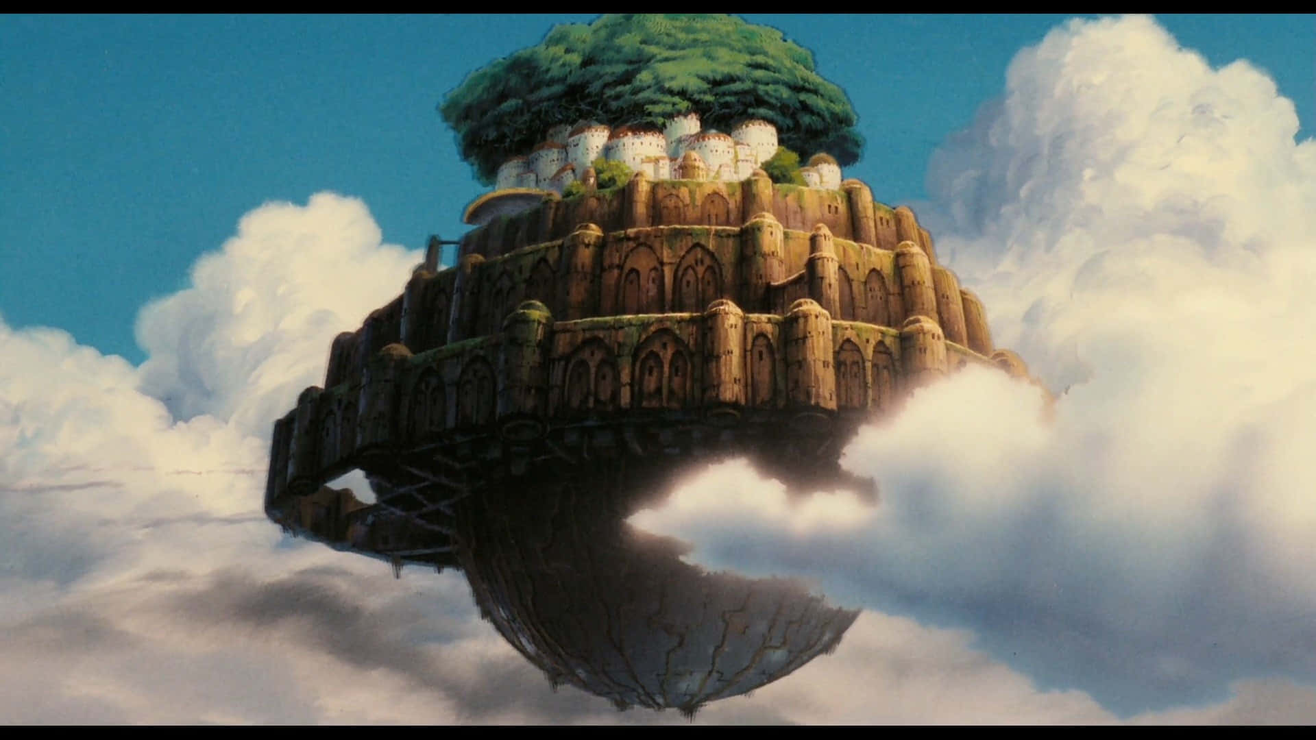Laputa Castle In The Sky, floating island fortress, lush green tree crown, Full HD Desktop Wallpaper