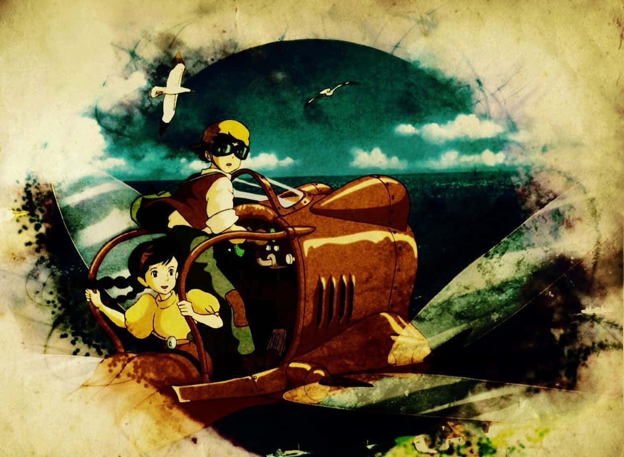 Laputa Castle In The Sky, vintage biplane, stormy sea, SD Desktop Wallpaper