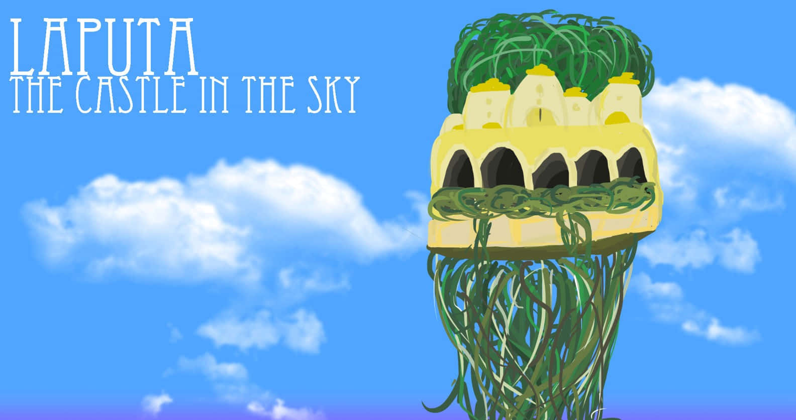 Laputa Castle In The Sky, yellow stone towers, green vines, HD Desktop Wallpaper