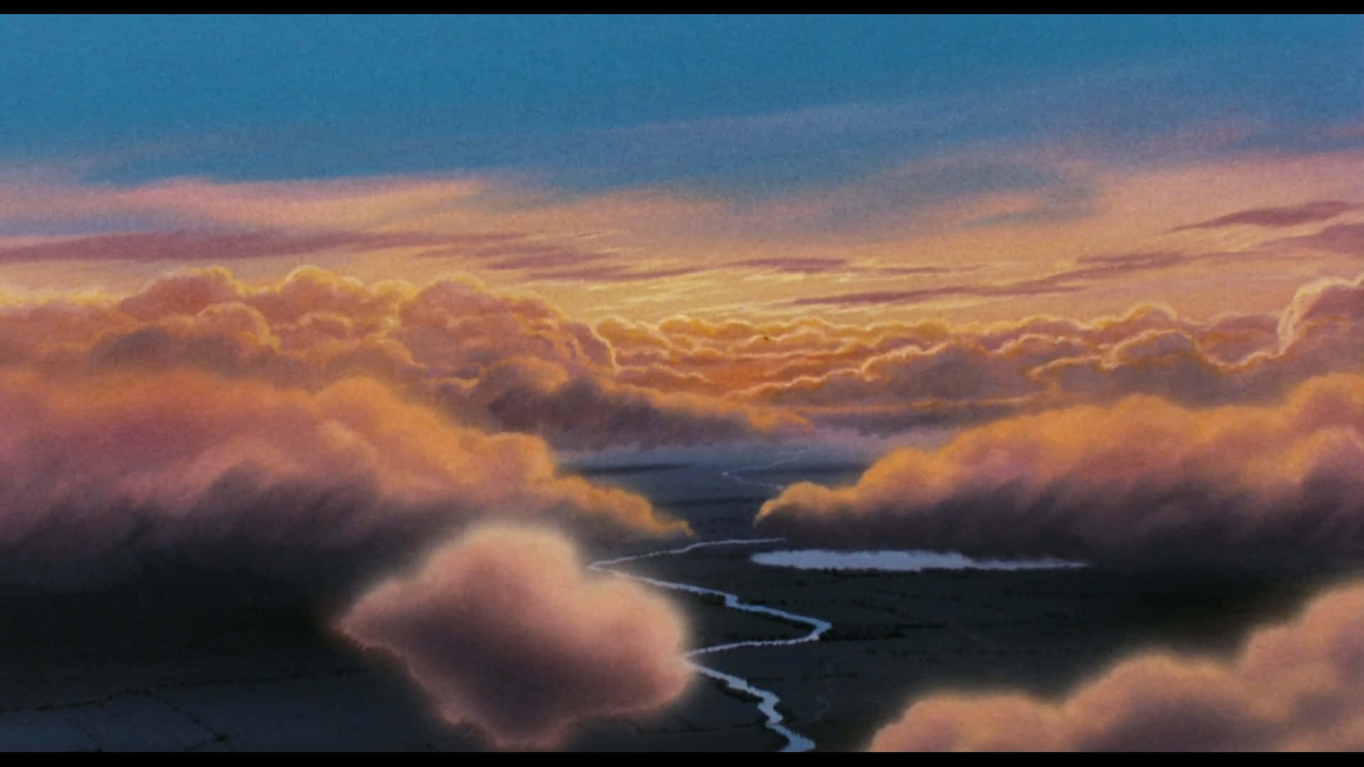 Laputa Castle in the Sky, sunset, glowing orange clouds, Full HD Desktop Wallpaper
