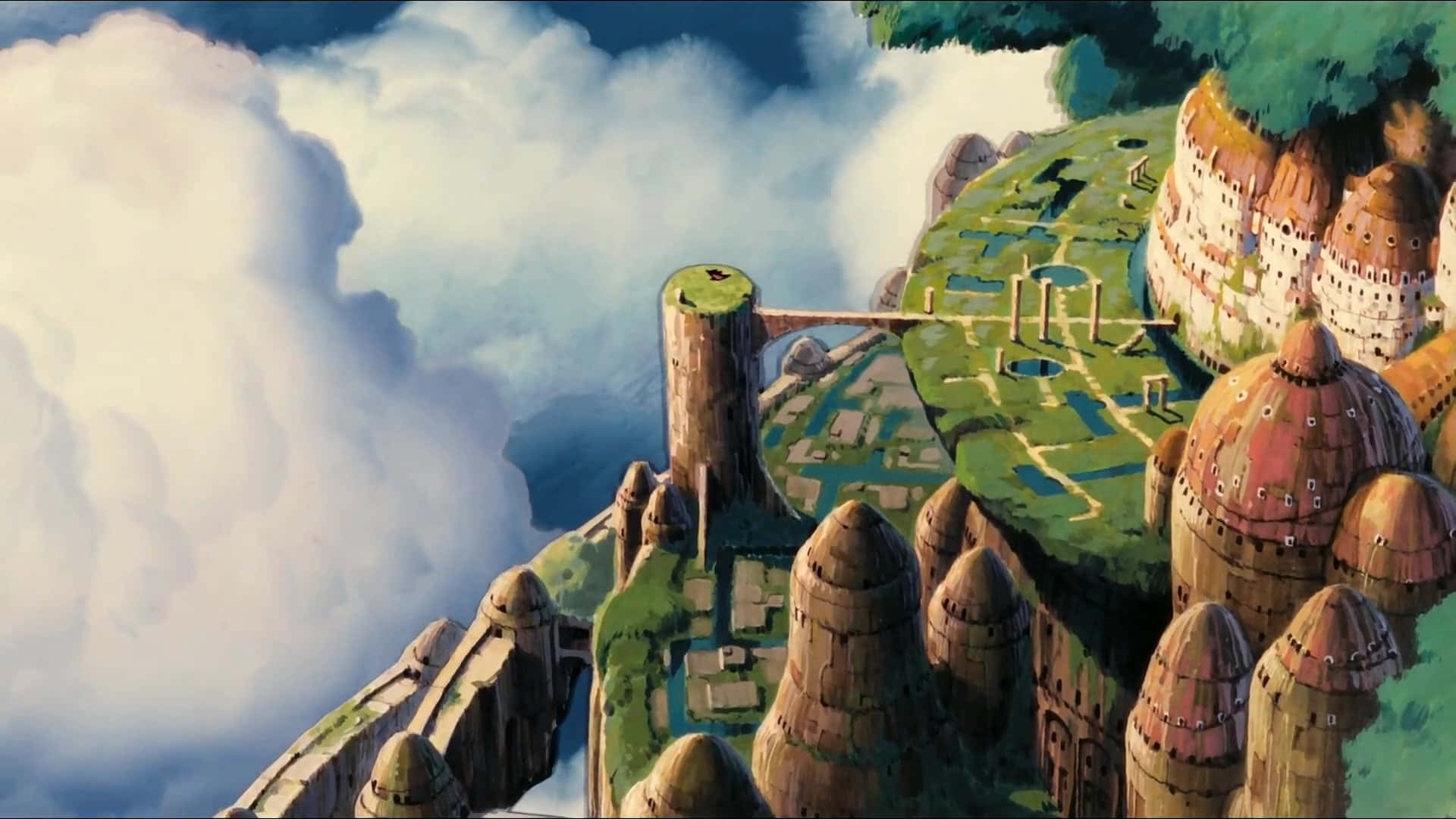 Laputa Castle In The Sky, floating island village, terraced gardens, Full HD Desktop Wallpaper