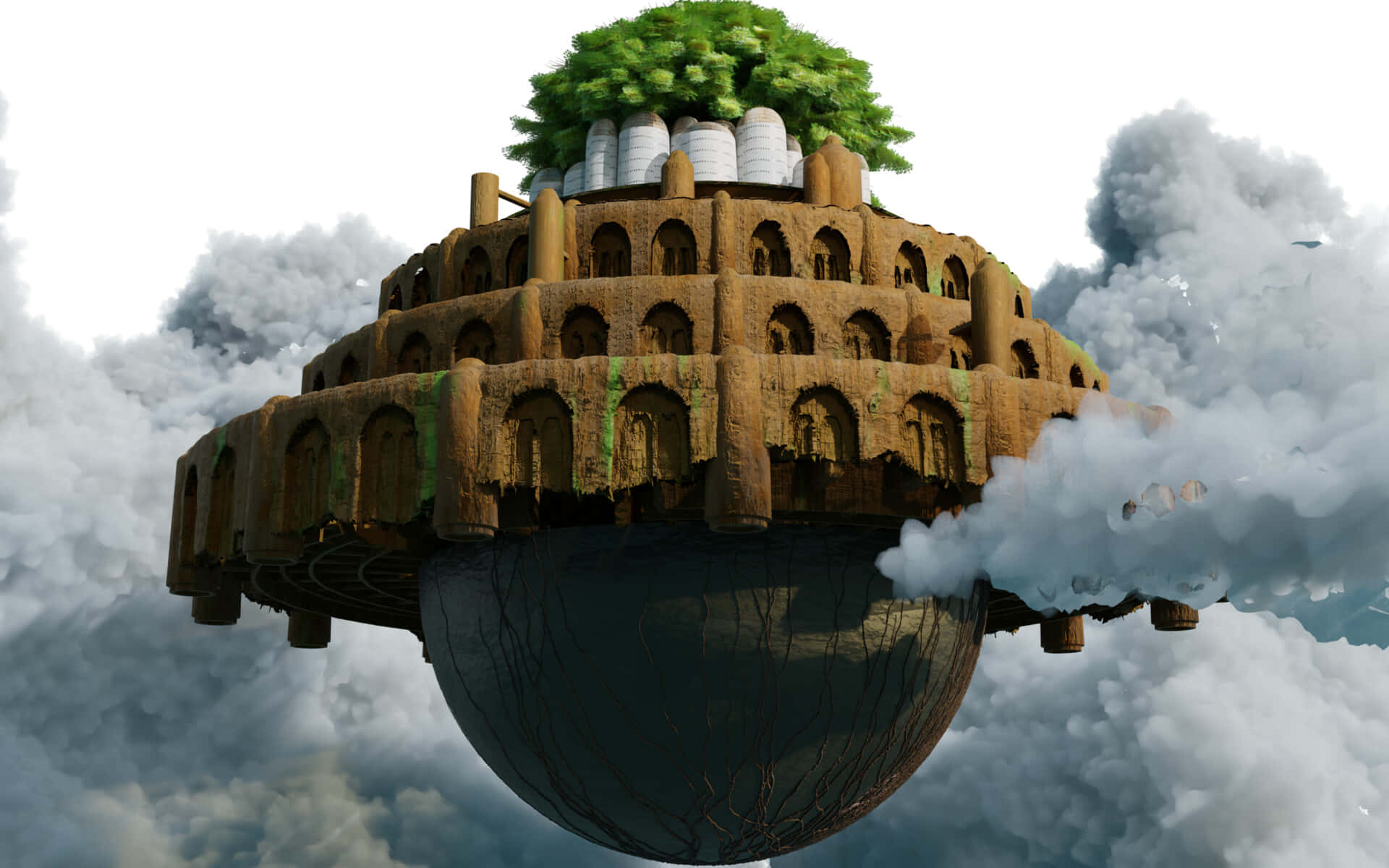 Laputa Castle In The Sky, ancient ruin, lush greenery, Full HD Desktop Wallpaper