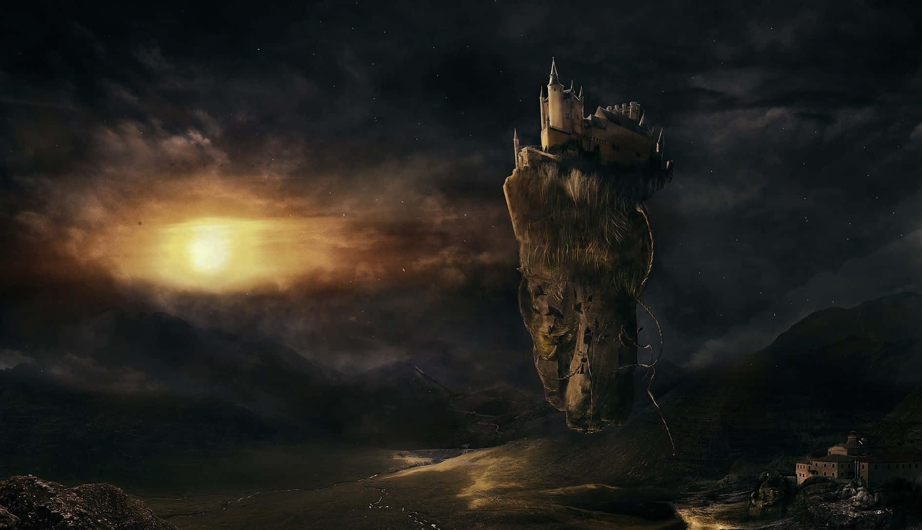 Laputa Castle In The Sky, twilight sky, glowing sun, HD Desktop Wallpaper