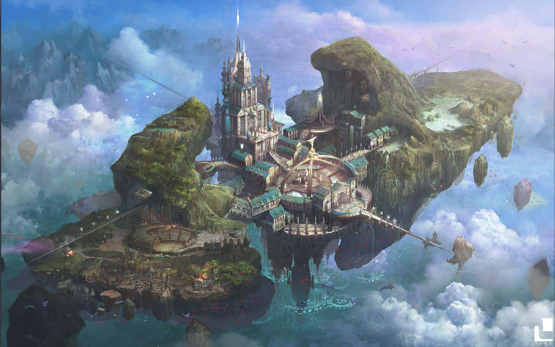 Laputa Castle In The Sky, gothic spires, cloudy sky, Full HD Desktop Wallpaper