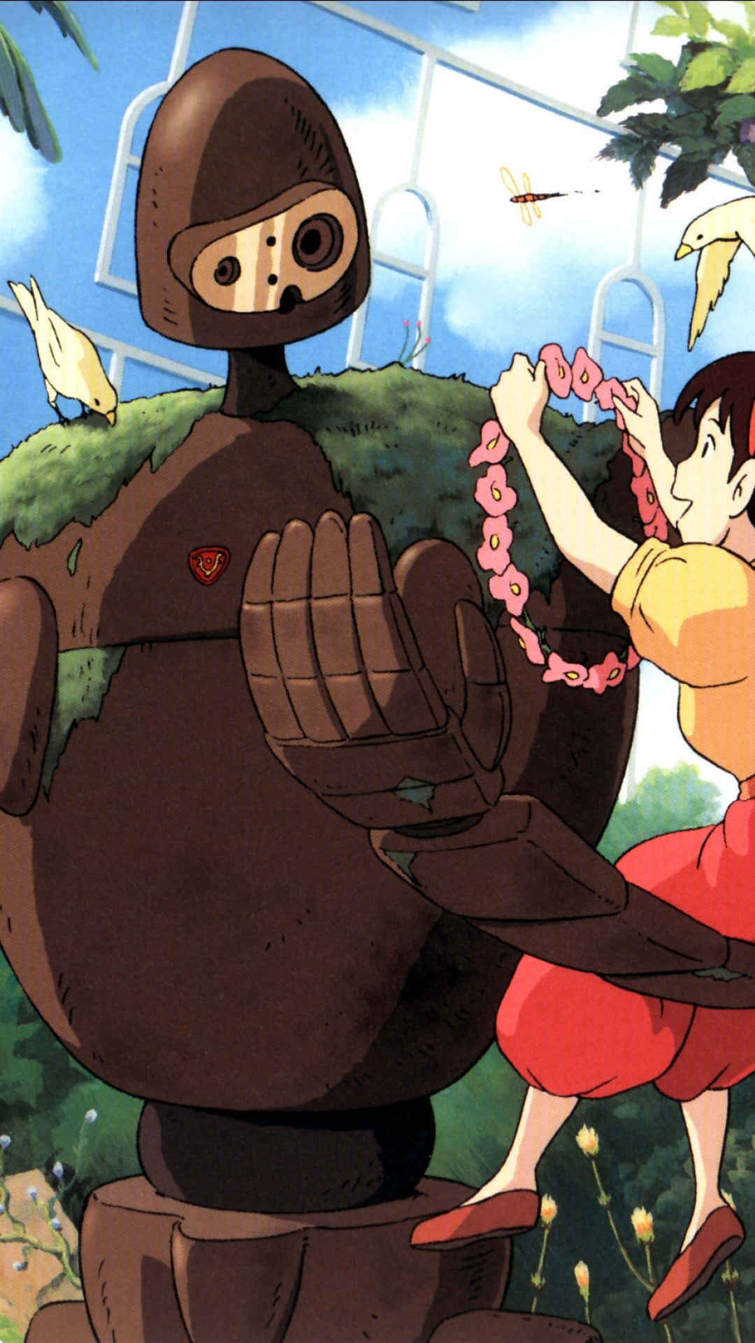 Laputa Castle in the Sky, mossy brown robot, pink flower chain, Full HD Phone Wallpaper