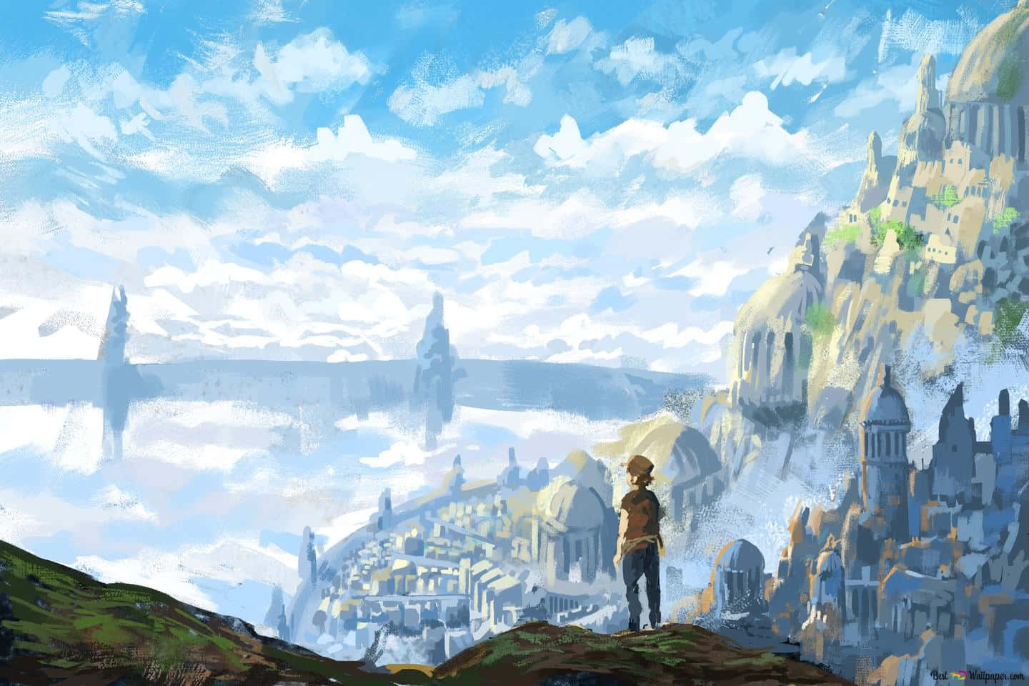 Laputa Castle In The Sky, grassly hill, sprawling fantasy city, HD Desktop Wallpaper