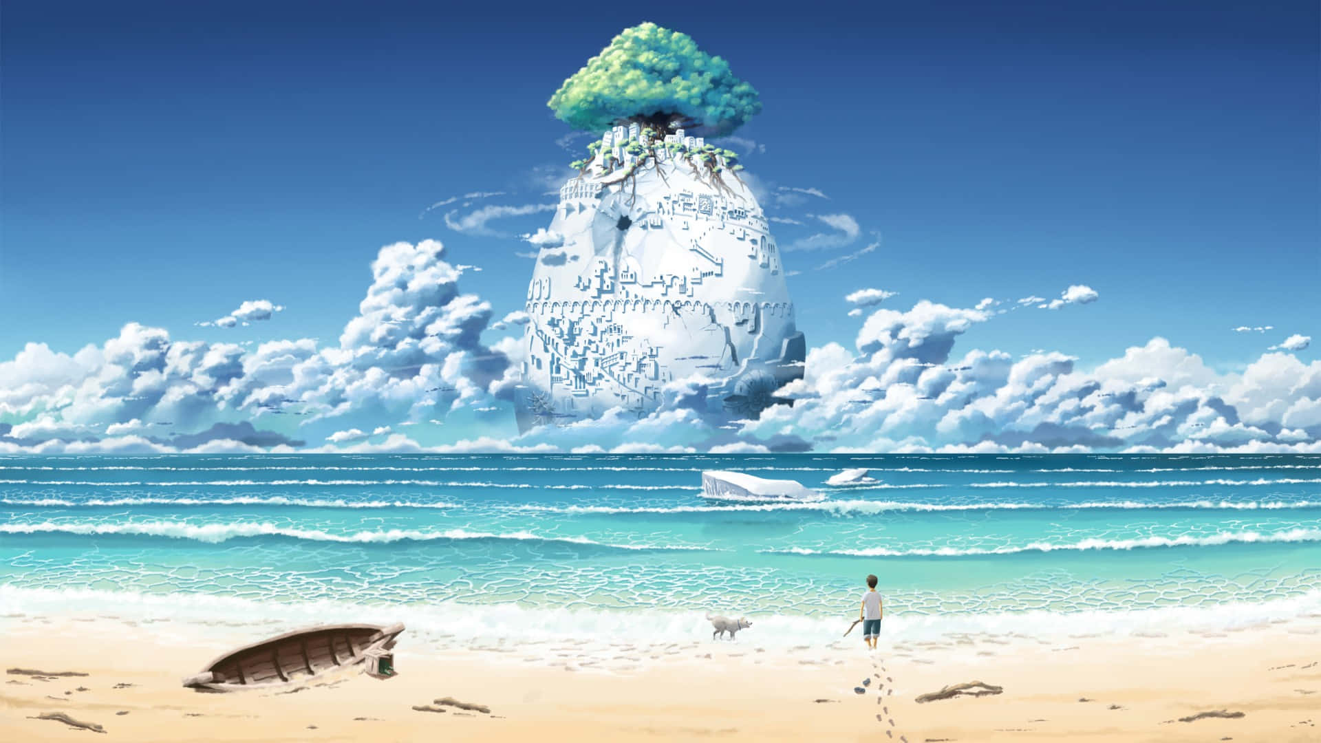 Laputa Castle in the Sky, sunlit beach, giant floating island, Full HD Desktop Wallpaper