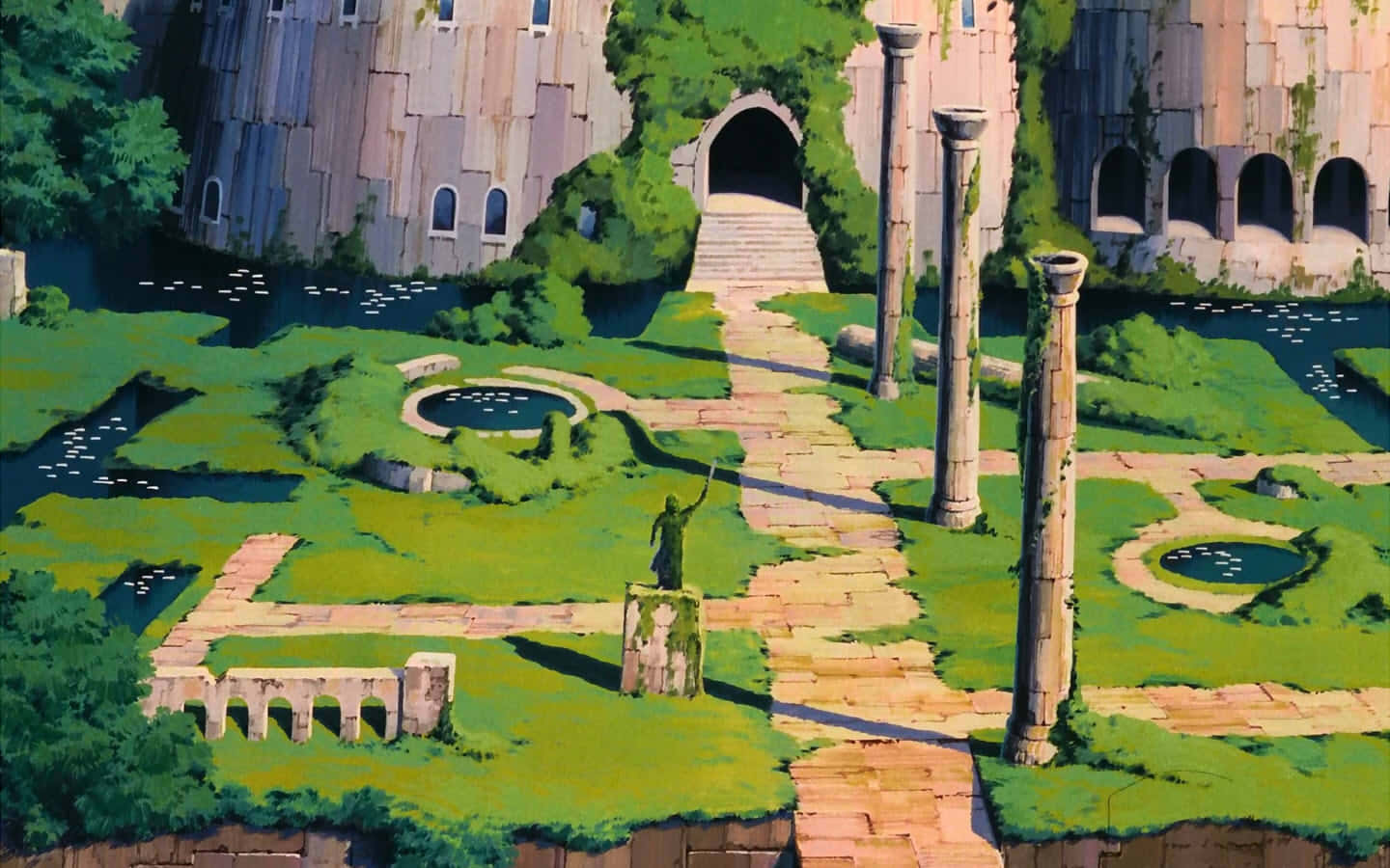 Laputa Castle In The Sky, sunlit garden maze, stone paths, HD Desktop Wallpaper