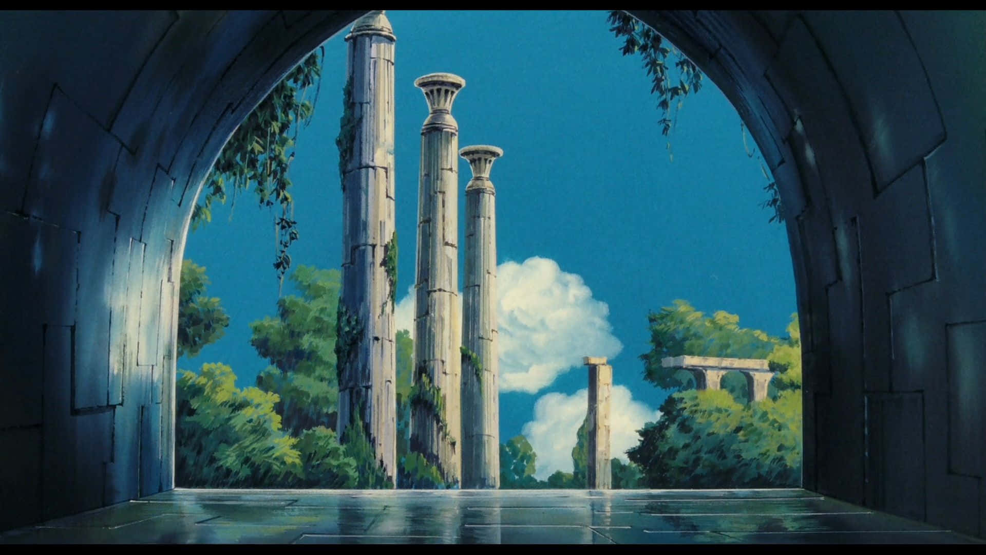 Laputa Castle in the Sky, ancient stone pillars, mossy archway, Full HD Desktop Wallpaper