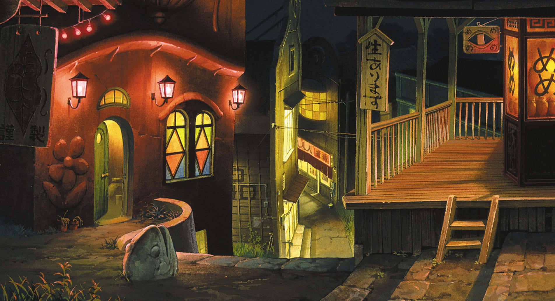 Laputa Castle In The Sky, twilight alleyway, warmly lit wooden buildings, HD Desktop Wallpaper