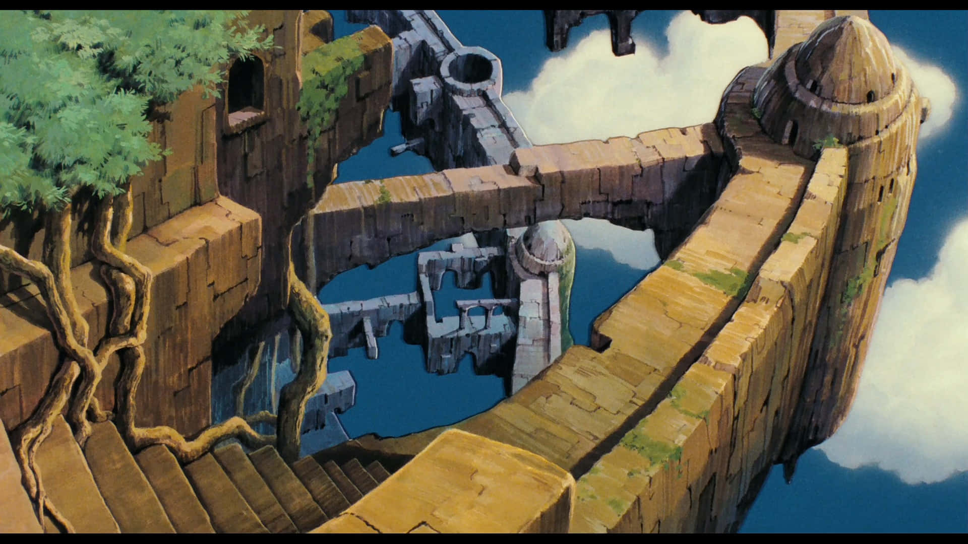 Laputa Castle in the Sky, floating stone fortress, winding staircases, Full HD Desktop Wallpaper