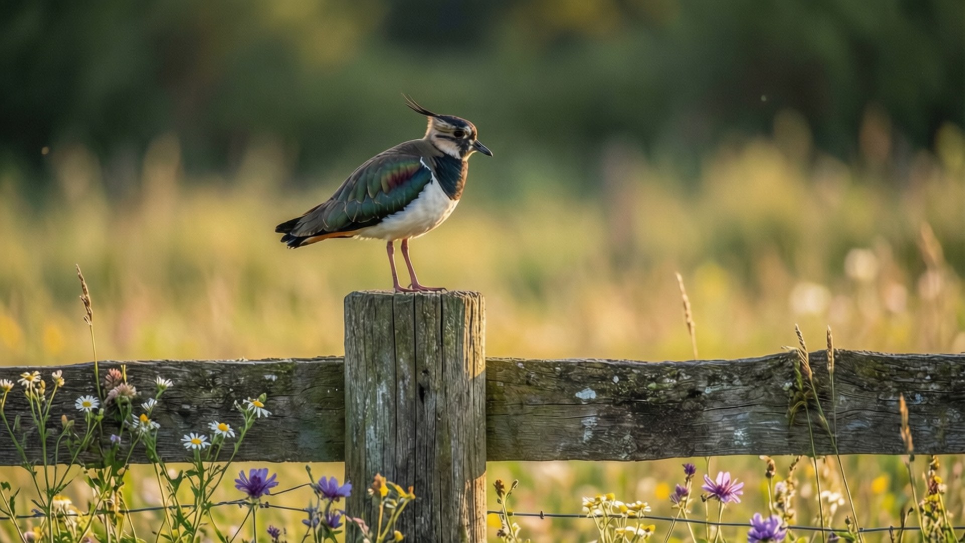 Lapwing, fence post, countryside, Full HD Desktop Wallpaper