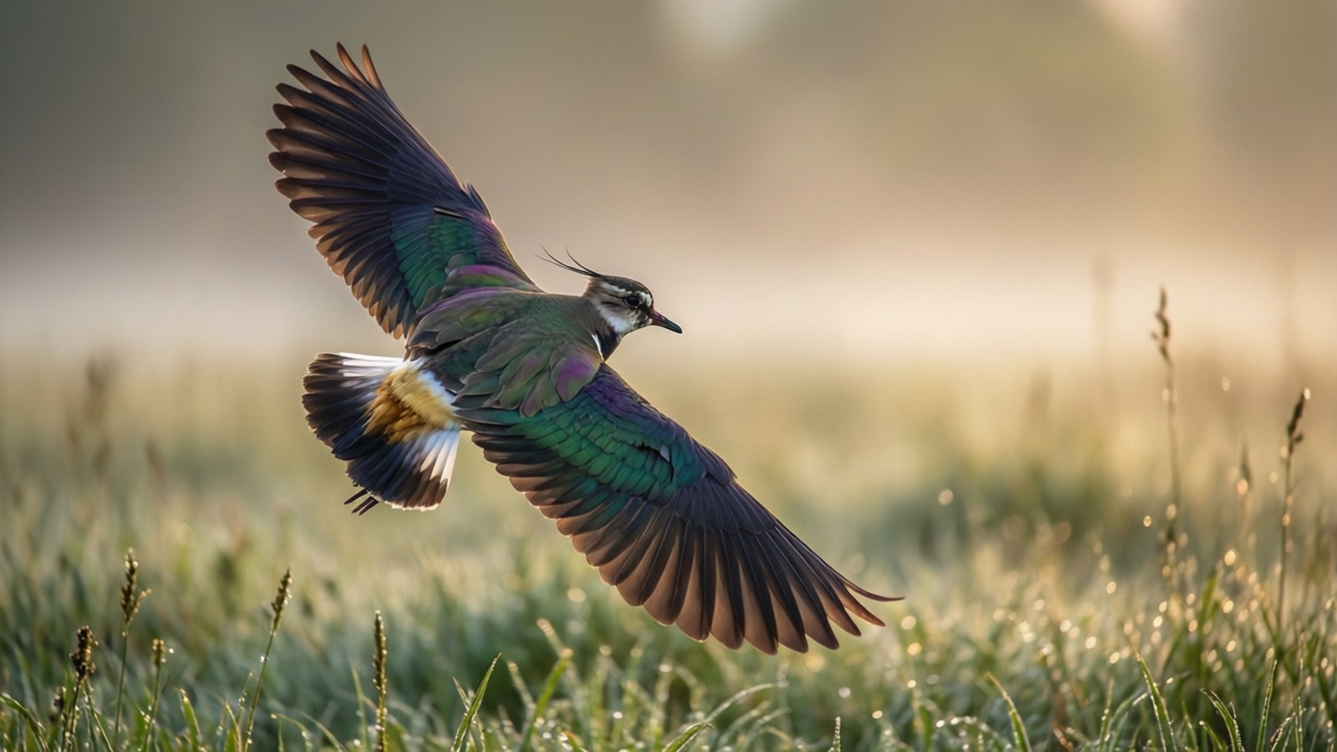 Lapwing, dawn, misty meadow, Full HD Desktop Wallpaper