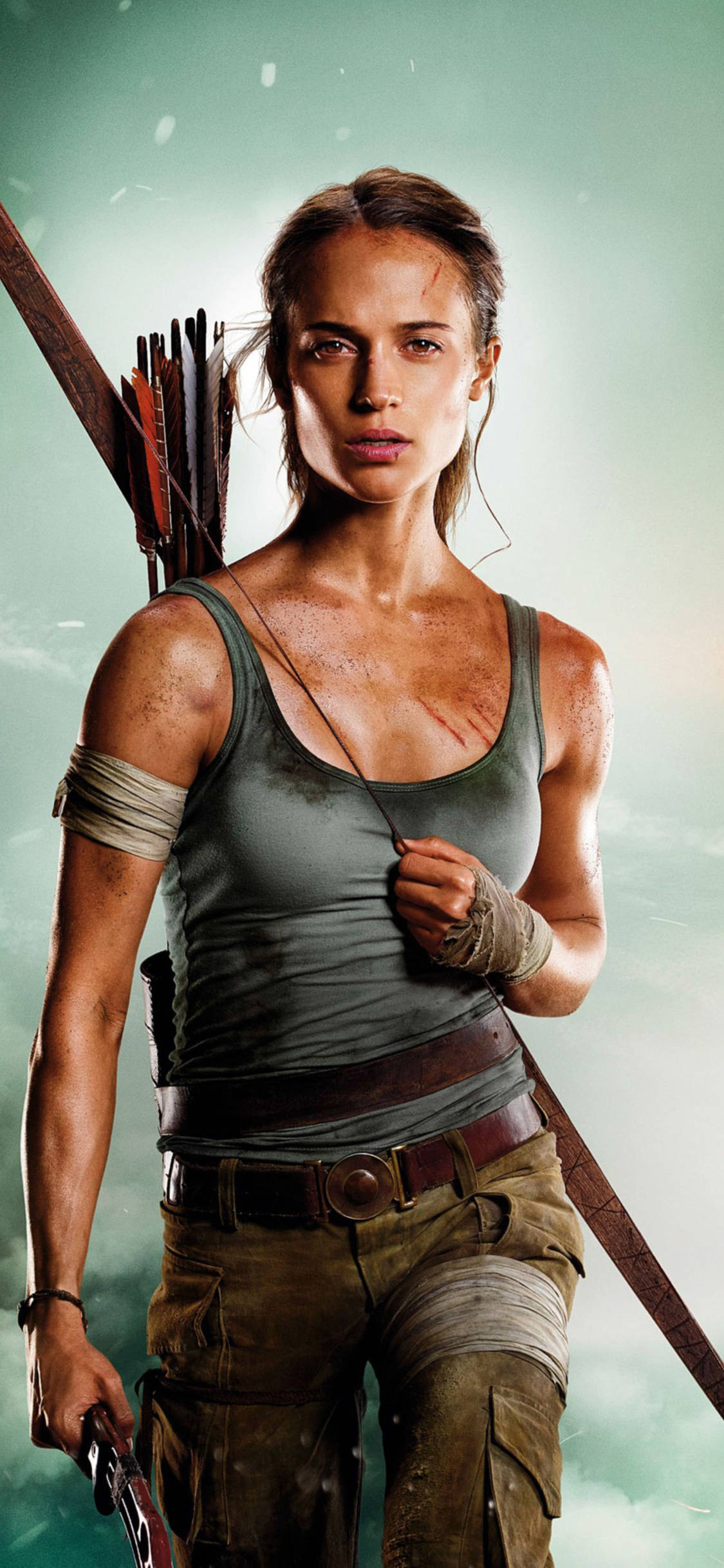 Lara Croft, bow and arrows, misty green backdrop, Full HD Phone Wallpaper