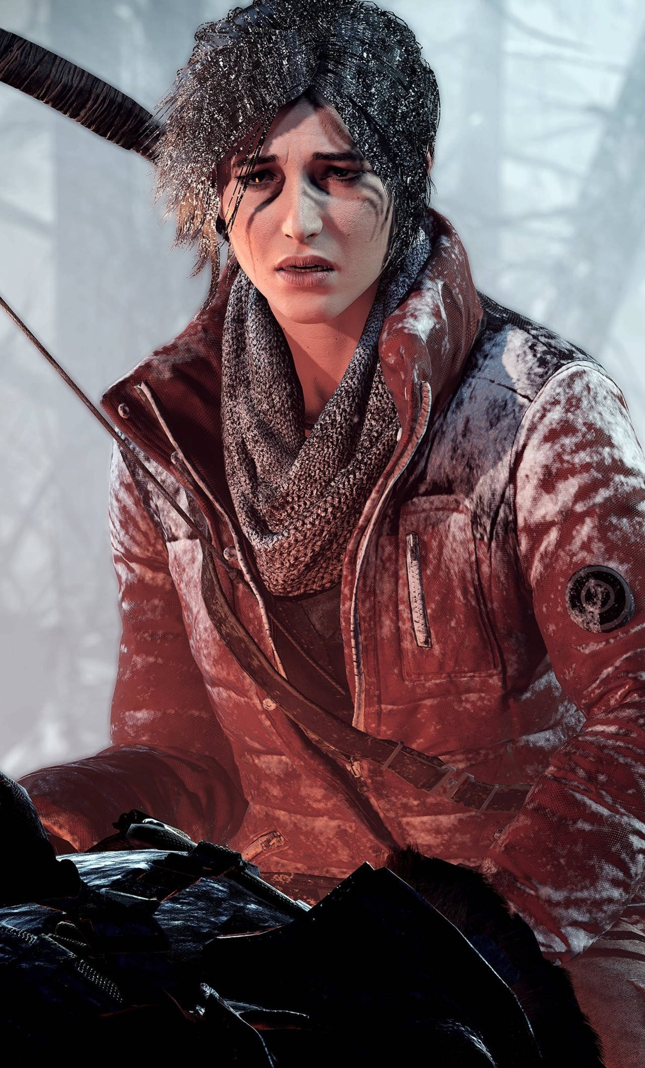 Lara Croft, iPhone, snow-dusted red jacket, Full HD Phone Wallpaper