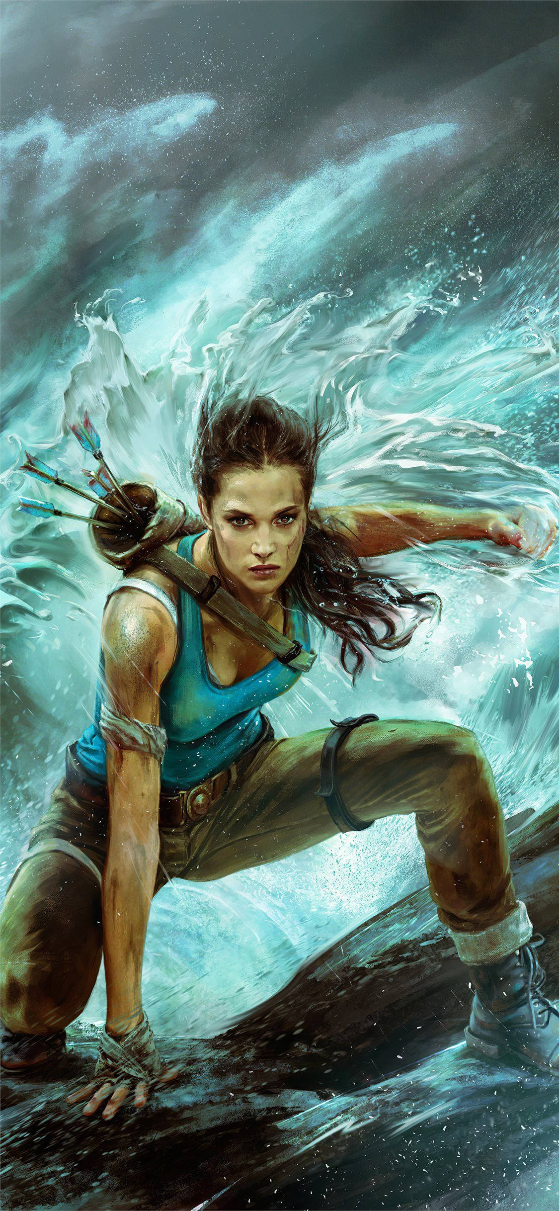 Lara Croft, iPhone, turquoise waves, Full HD Phone Wallpaper