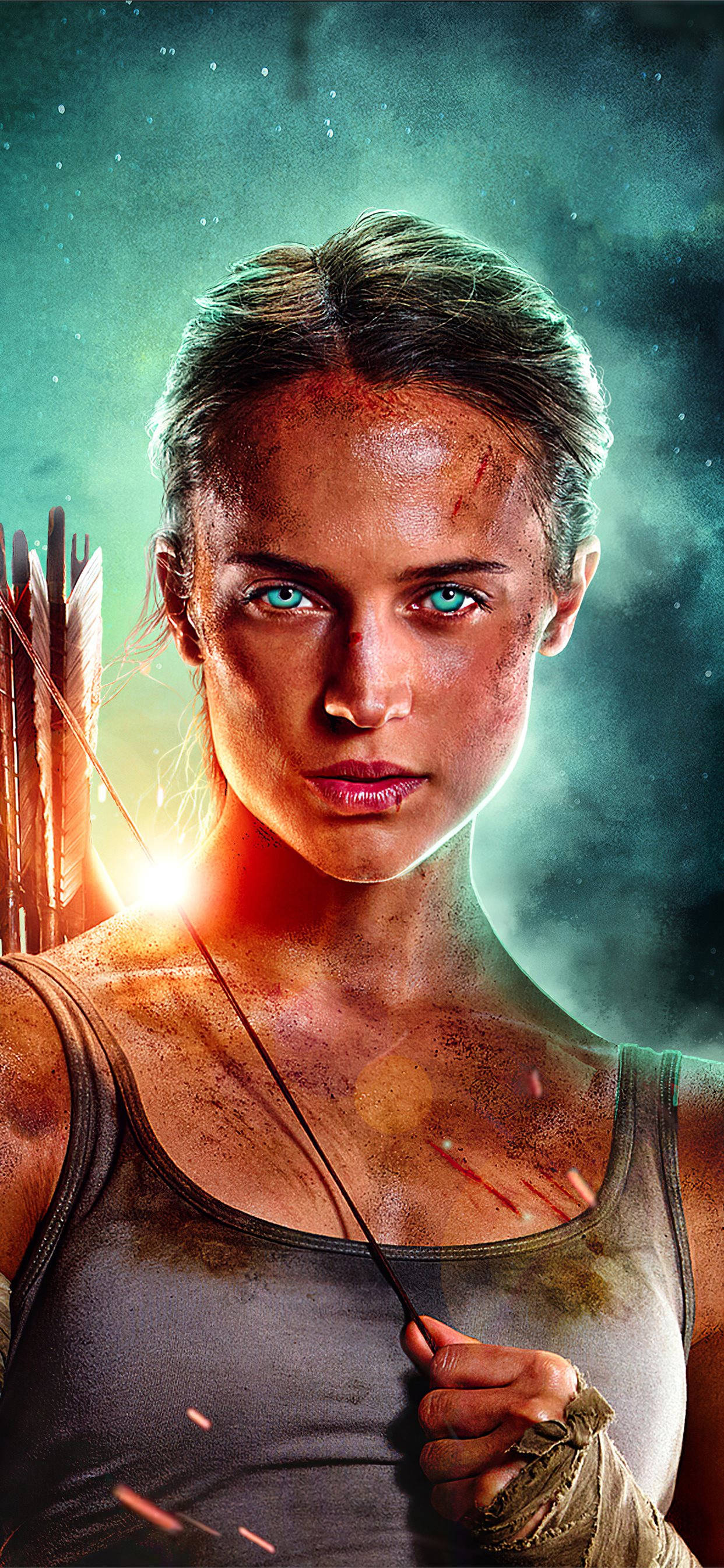 Lara Croft, iPhone, glowing blue eyes, 2K Phone Wallpaper