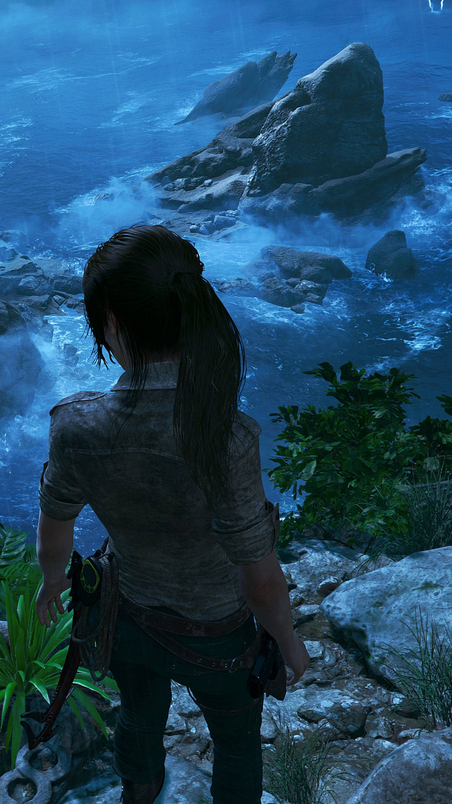 Lara Croft, iPhone, rocky cliff, 2K Phone Wallpaper