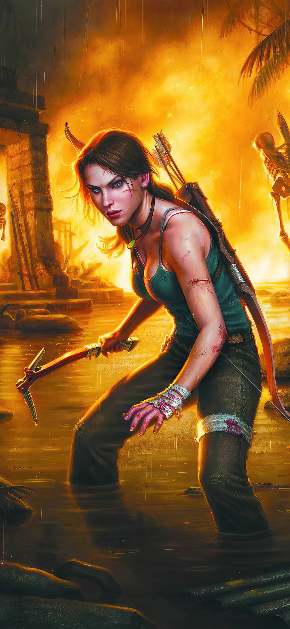 Lara Croft, iPhone, glowing orange water, Full HD Phone Wallpaper