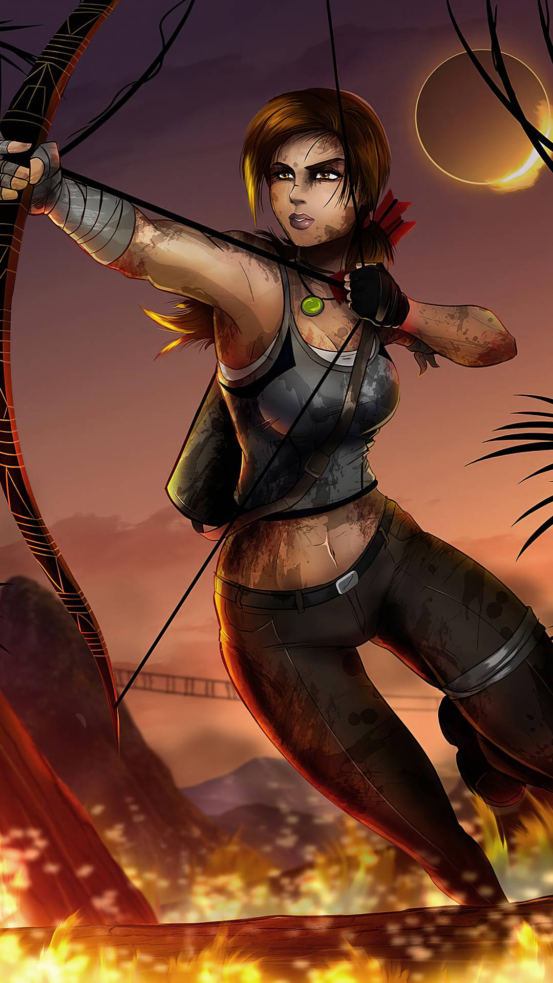 Lara Croft, iPhone, fiery sunset, Full HD Phone Wallpaper