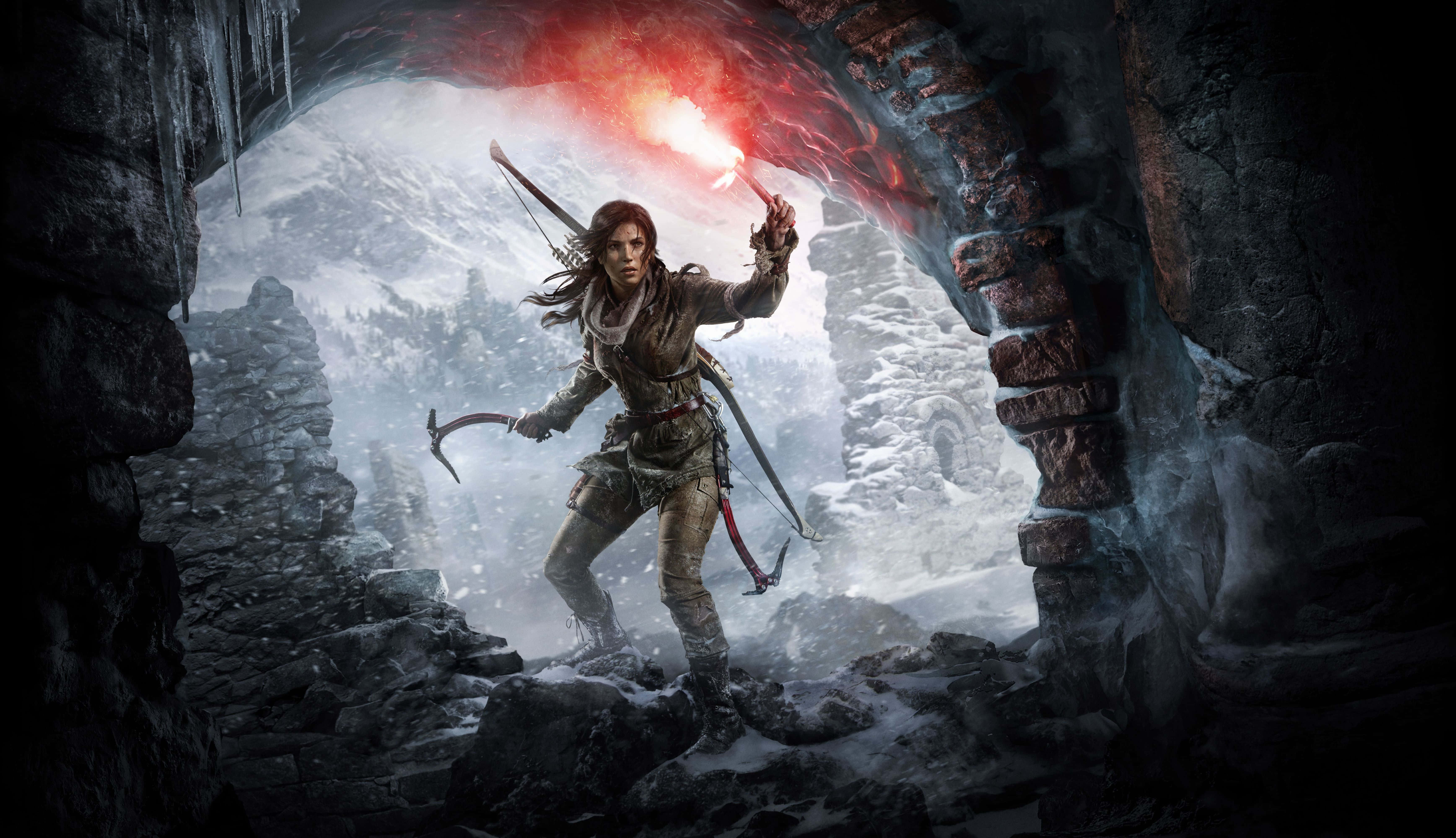 Lara Croft, flaming torch, snowy cave entrance, 5K Desktop Wallpaper