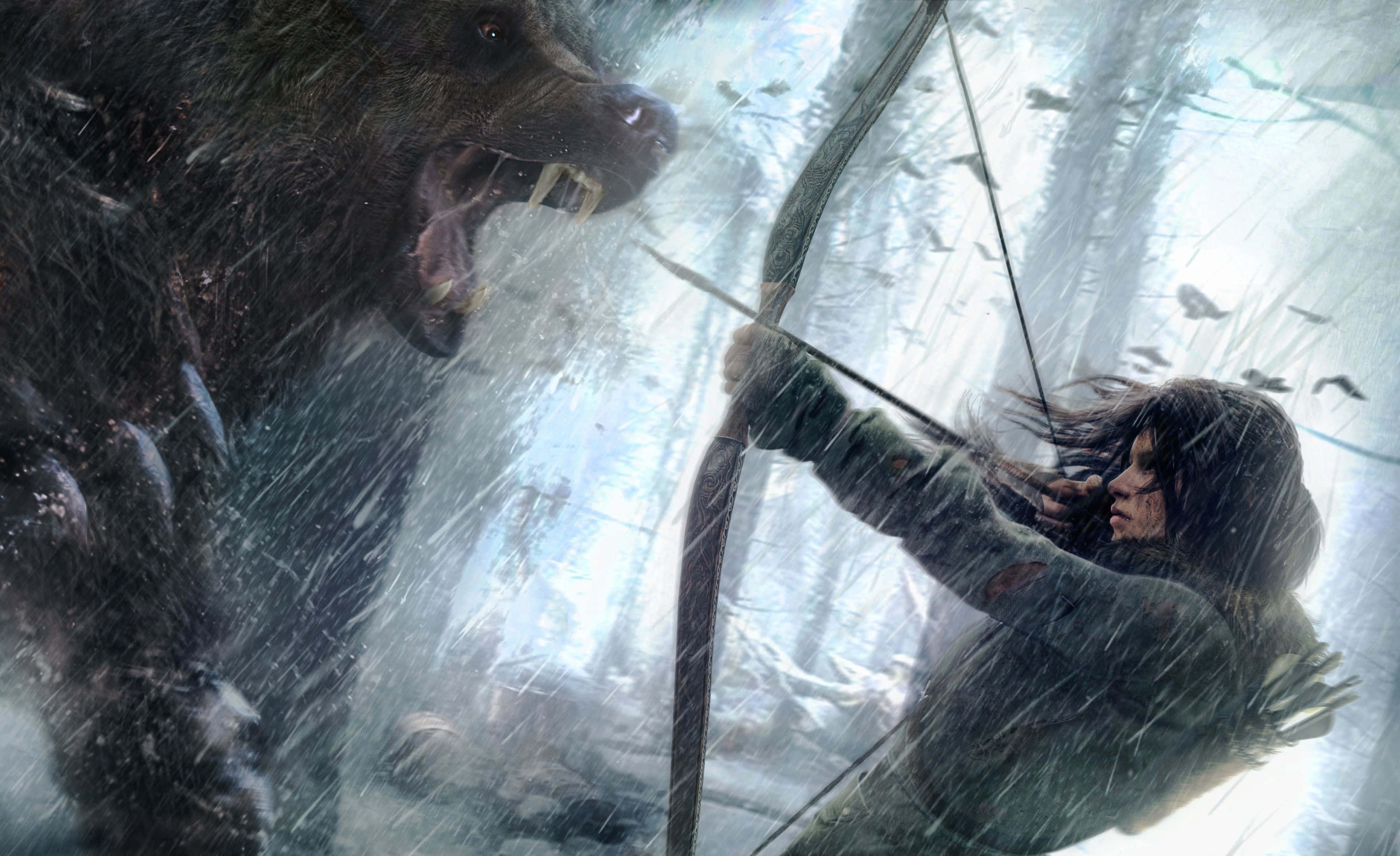 Lara Croft, bear, blizzard-filled forest, 4K Desktop Wallpaper