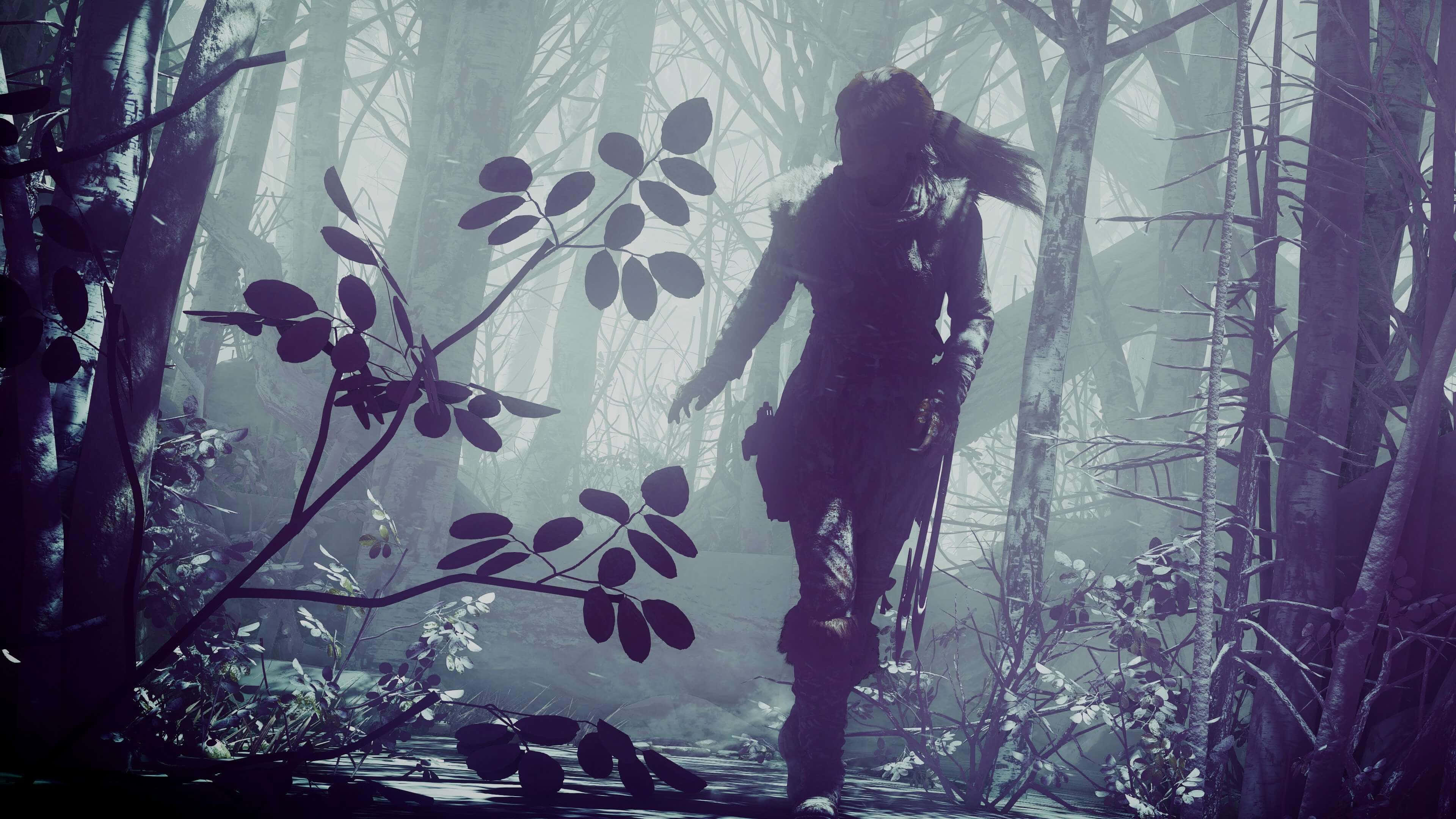 Lara Croft, jungle exploration, misty purple forest, 4K Desktop Wallpaper