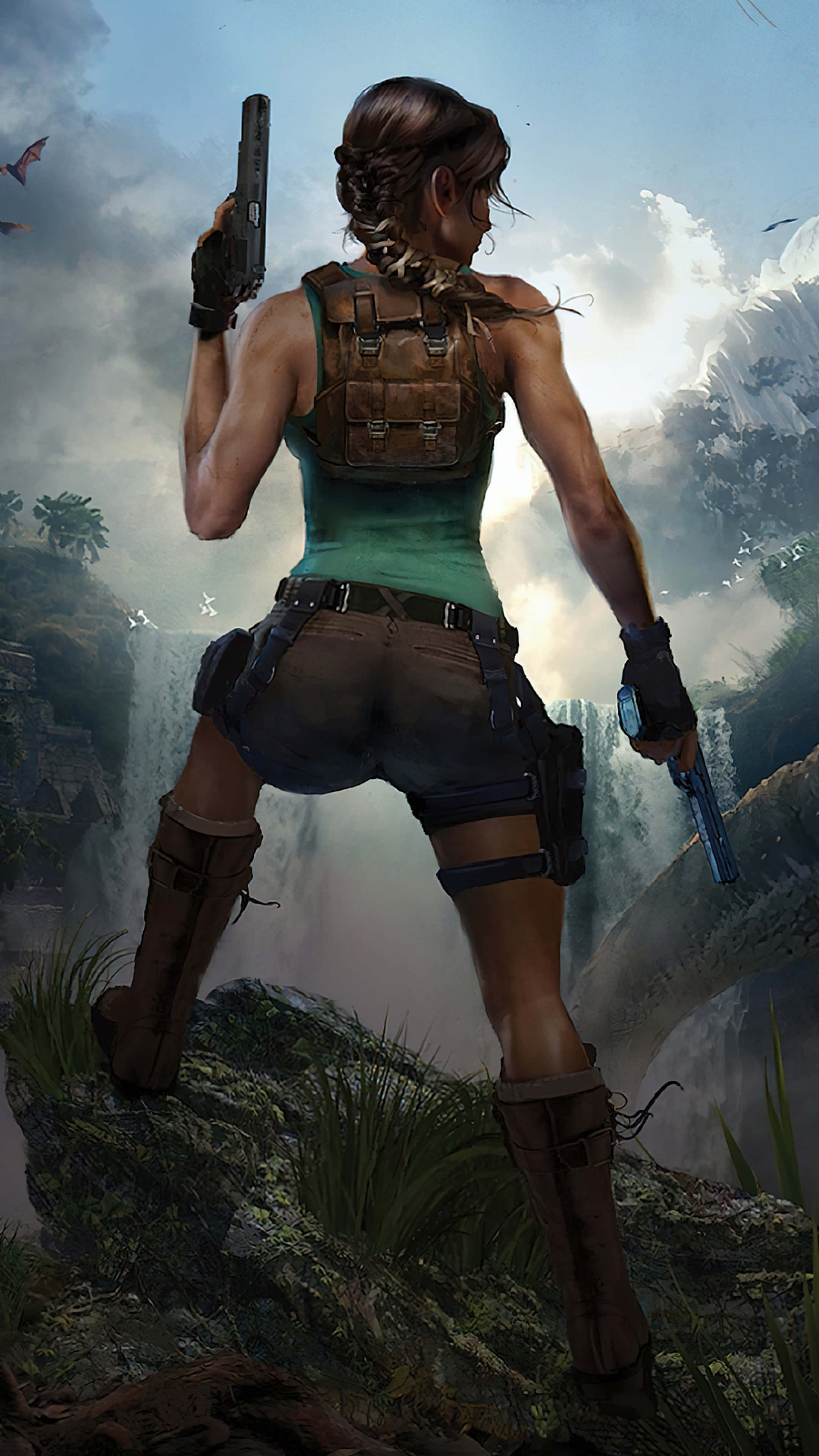 Lara Croft, adventure stance, mossy cliff edge, 4K Phone Wallpaper
