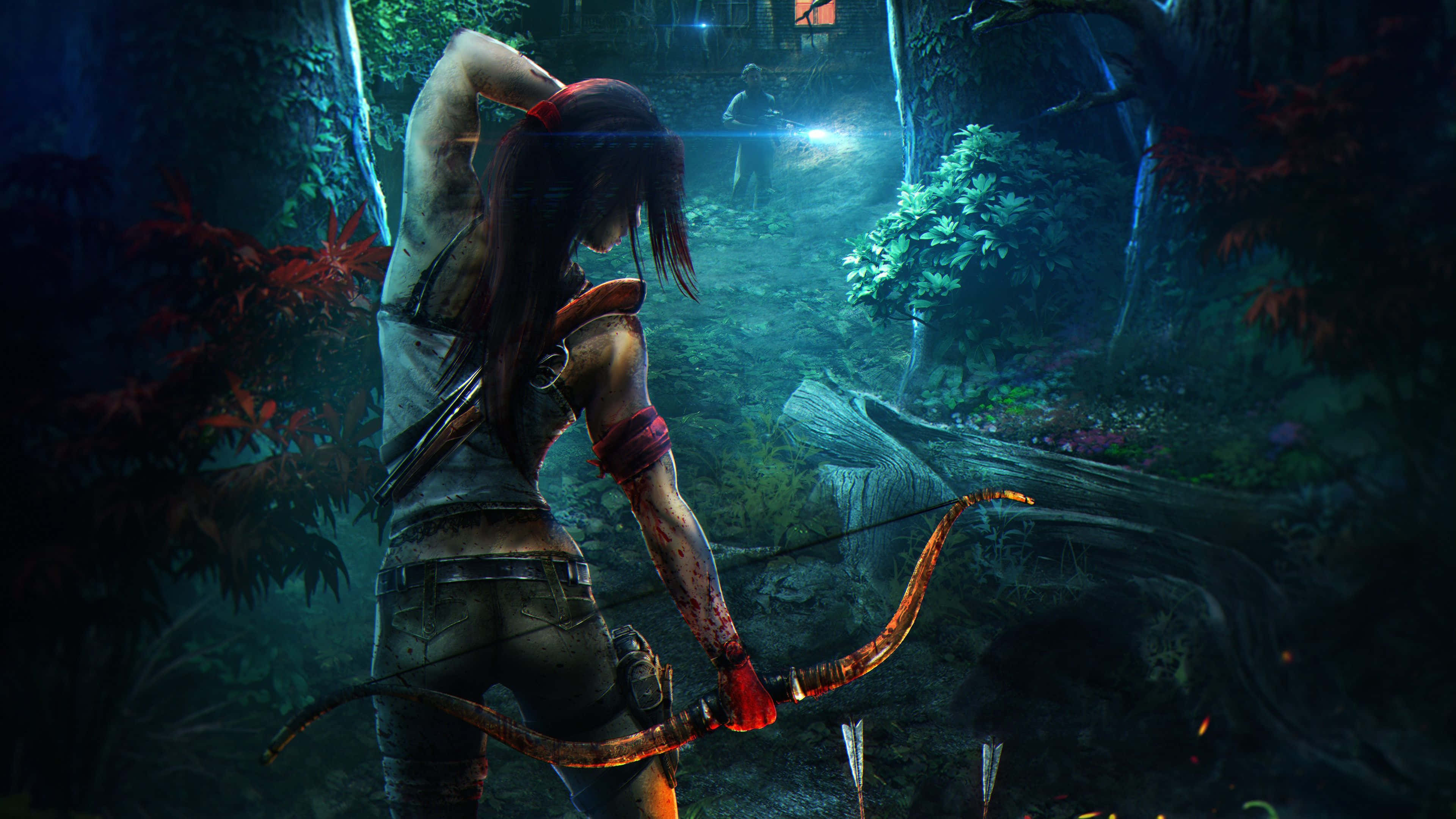 Lara Croft, stealth archery, misty jungle, 4K Desktop Wallpaper